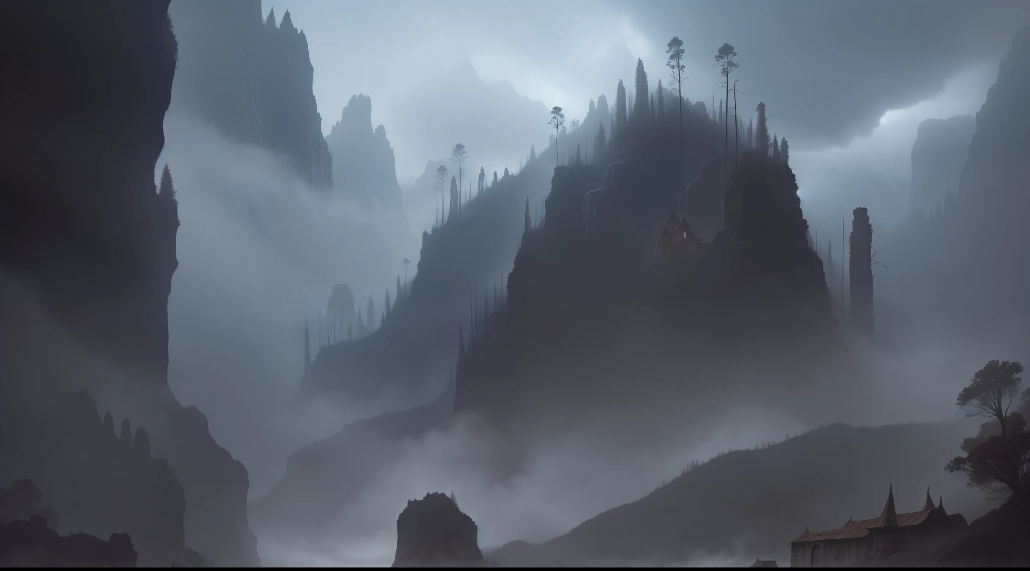 ConceptArt, no humans, scenery, dark fantasy, valley, pueblo, tall trees, dark clouds, village in a deep canyon covered in giant spider webs, subterranean, building, nature, grey atmosphere, foggy, horror