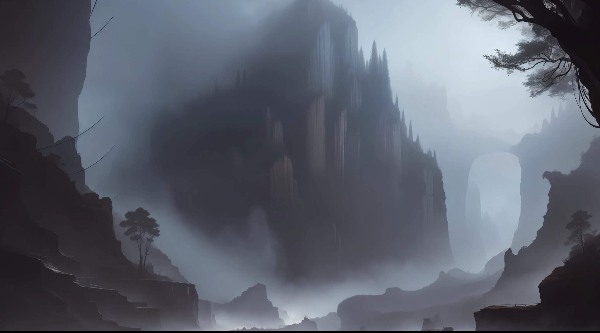 ConceptArt, no humans, scenery, dark fantasy, valley, pueblo, tall trees, dark clouds, village in a deep canyon covered in giant spider webs, subterranean, building, nature, grey atmosphere, foggy, horror