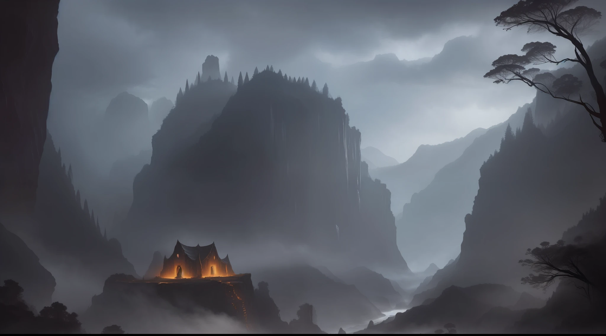 ConceptArt, no humans, scenery, dark fantasy, valley, pueblo, tall trees, dark clouds,  village in a deep canyon covered in giant spider webs, subterranean, building, nature, grey atmosphere, foggy, horror