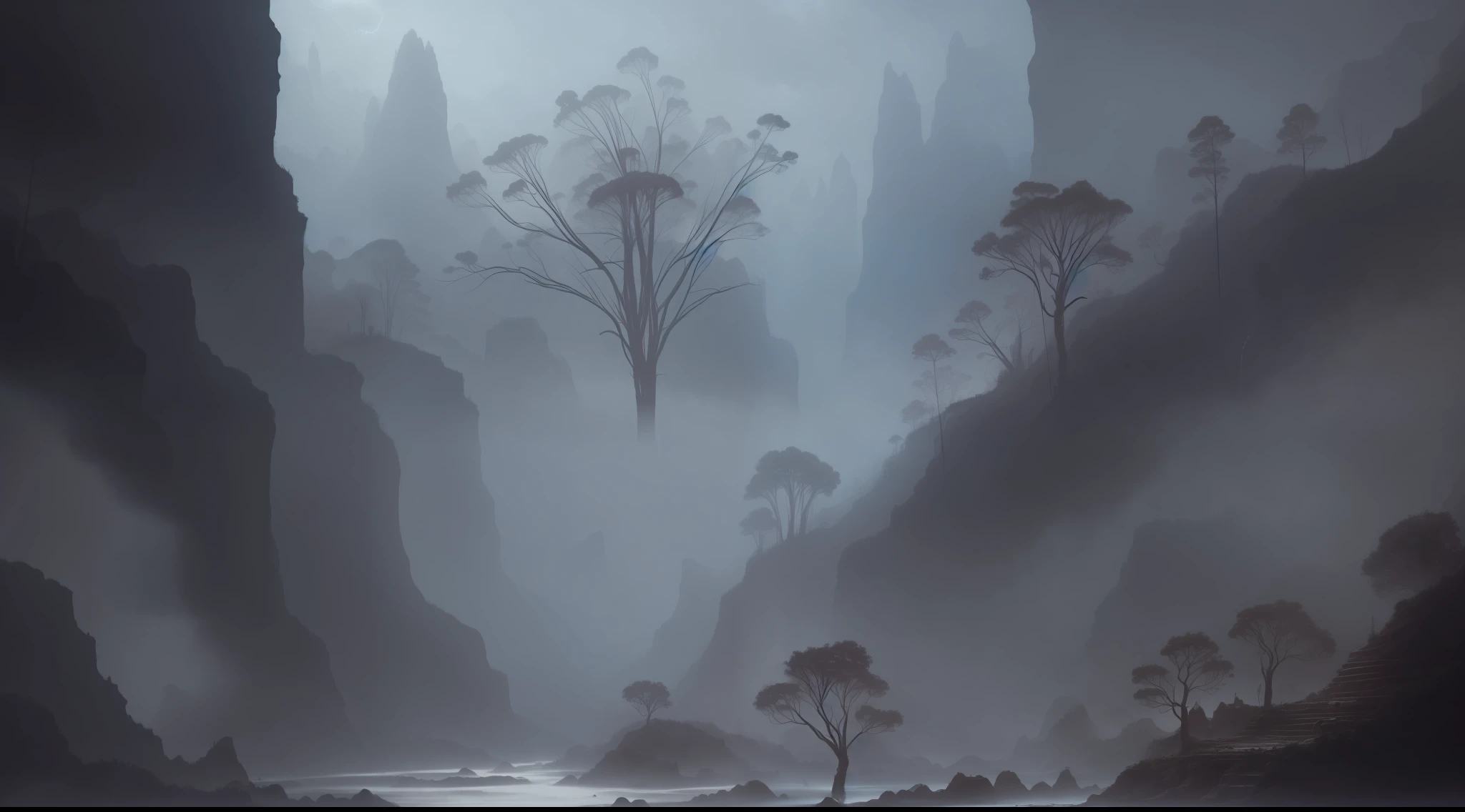 ConceptArt, no humans, scenery, dark fantasy, valley, pueblo, tall trees, dark clouds,  village in a deep canyon covered in giant spider webs, subterranean, building, nature, grey atmosphere, foggy, horror