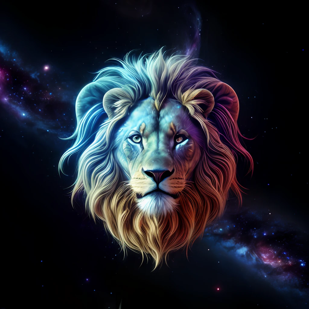 Galaxies, spirals, space, nebulae, stars, smoke, iridescent, intricate detail, in the shape of a lion, octane render, 8k