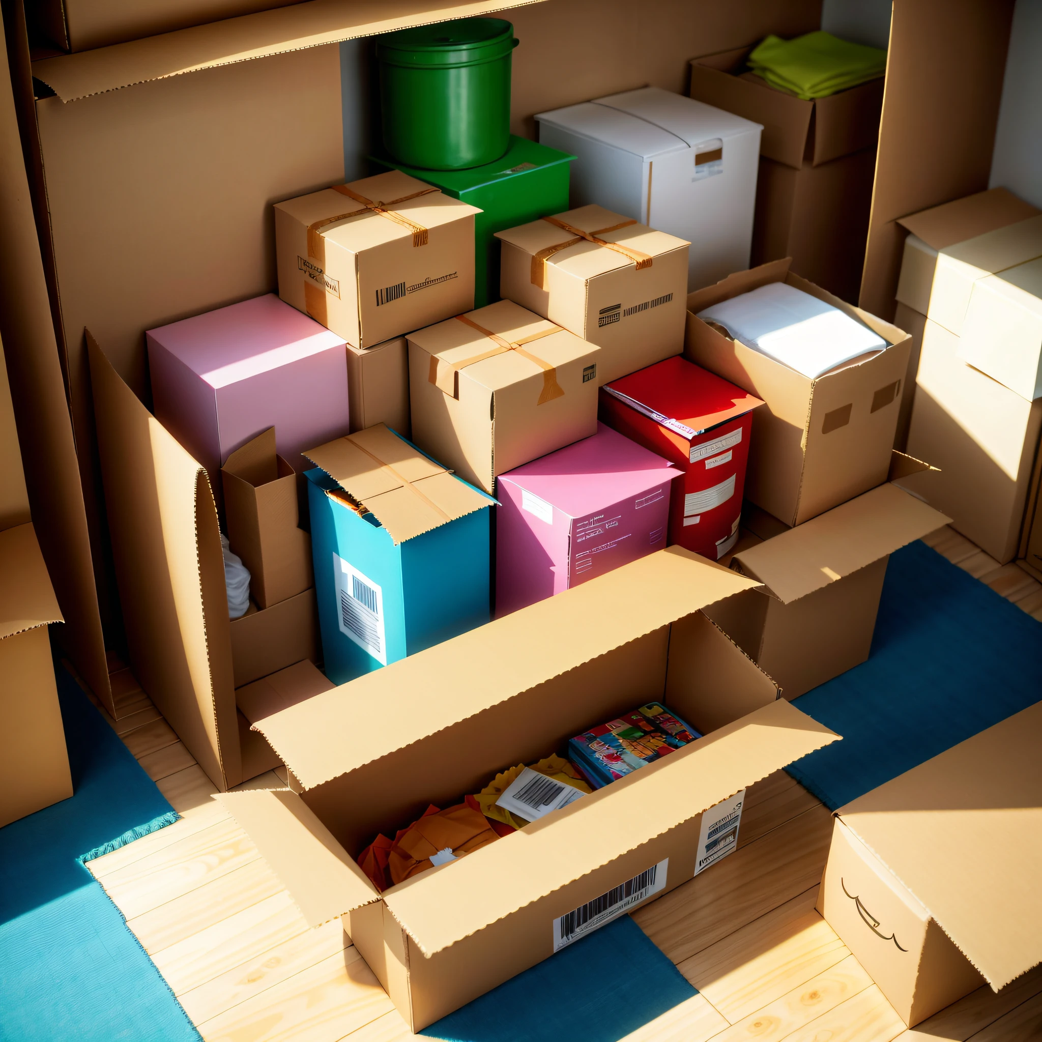 Cardboard boxes full of items for donation, careful organization of the spaces for a cozy and tidy, realistic atmosphere