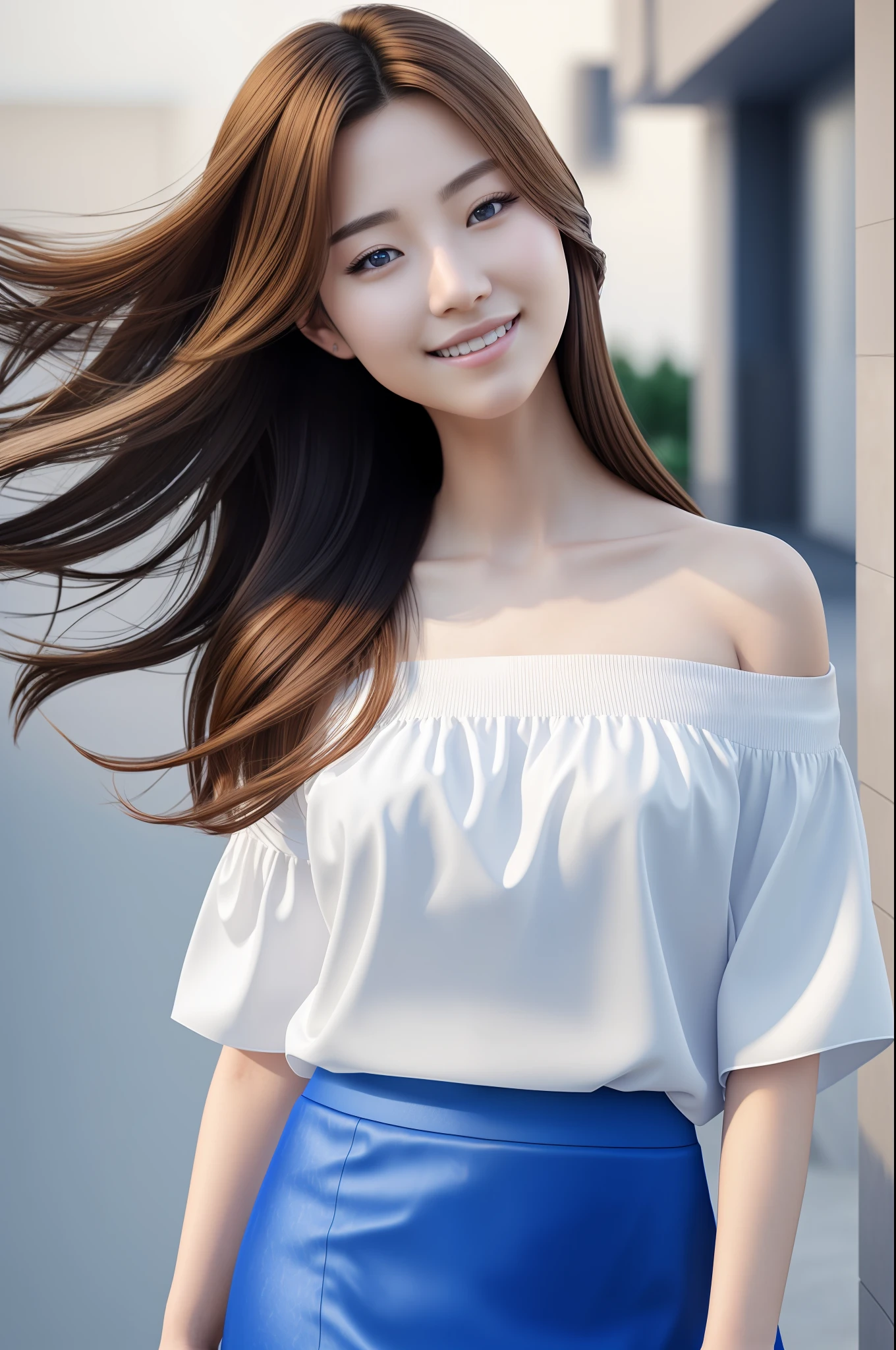 (8k, best quality, masterpiece:1.2), (realistic, photo-realistic:1.37), ultra-detailed,best quality, ultra high res, professional lighting, photon mapping, radiosity, physically-based rendering, cinematic lighting, beautiful realistic smiling cute korean woman 20 years old, full body, beautiful detailed blue eyes, narrow waist, orange skirt, white shirt, brown hair to the shoulders, hair floating in wind, photorealistic, super realism, 8K, sharp focus, masterpiece, best quality, beautiful quality, looking at viewer, detailed lighting, extremely detailed skin, (photorealistic:1.4), 1girl, professional lighting, photon mapping, radiosity, physically-based rendering, High Detail,