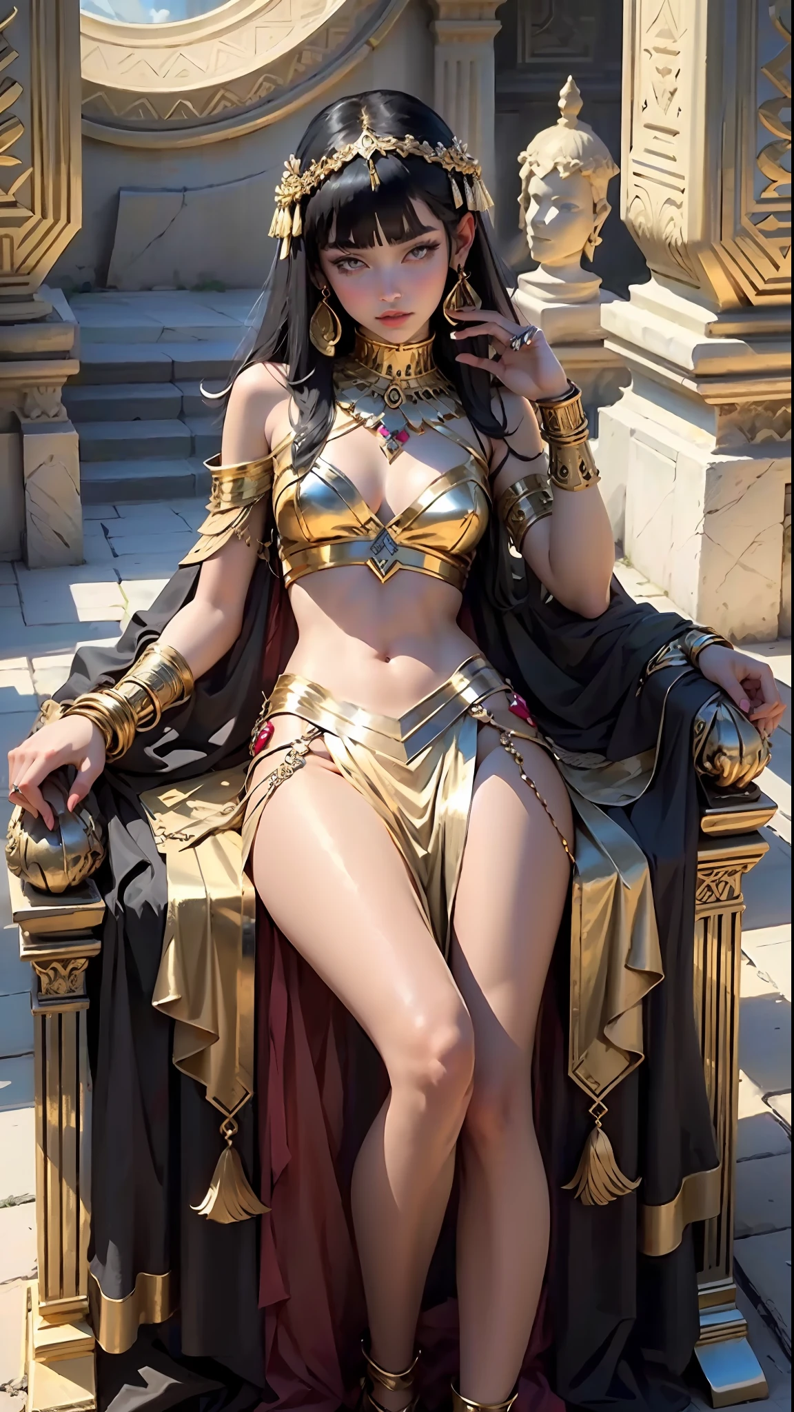(Best Quality, Masterpiece: 1.1) a woman cleopatra style, medium hair fringes, gold bracelet