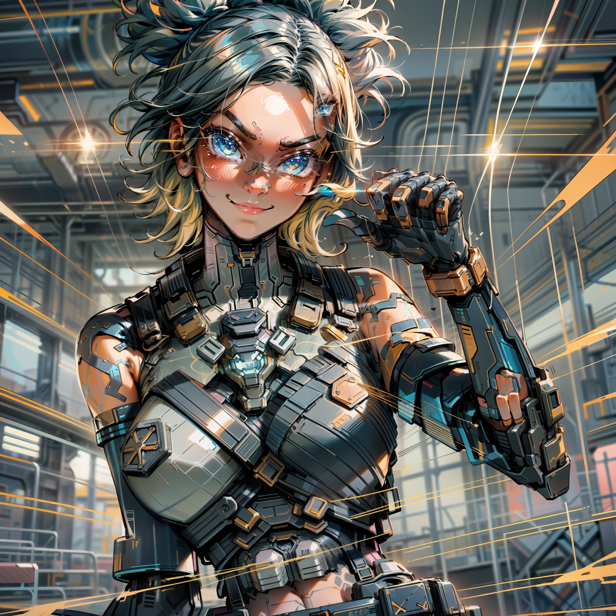 1girl, (muscular: 0.9), (large breasts:1), (medium breasts: 0.25), looking at the viewer, gorgeous face (full-face blush:0.75),Neon, Valorant, cyberpunk, masterpiece, best qualified, high quality, (futuristic), movie lighting, (exquisite futuristic), gorgeous and beautiful, super detailed, great composition, floating, depth of field, (very detailed CG, 8k unit wallpaper), (beautifully detailed background), dramatic lighting, anatomically perfect, perfect fingers, perfect abdomen, perfect musculature, cyberpunk arm, perfect anatomy, futuristic filipino beach, kawaii pose, smile, cute face