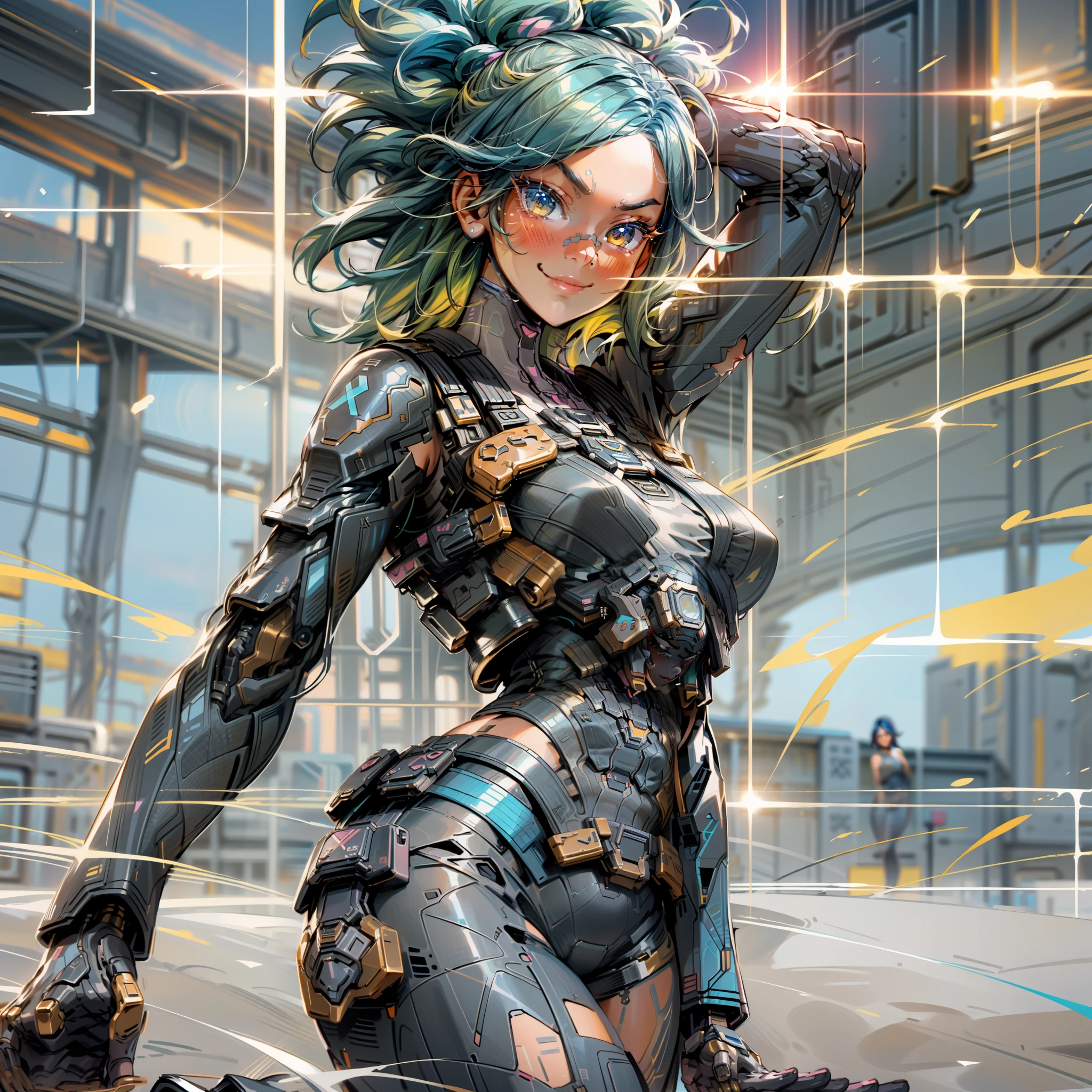 1girl, (muscular: 0.9), (large breasts:1), (medium breasts: 0.25), looking at the viewer, gorgeous face (full-face blush:0.75),Neon, Valorant, cyberpunk, masterpiece, best qualified, high quality, (futuristic), movie lighting, (exquisite futuristic), gorgeous and beautiful, super detailed, great composition, floating, depth of field, (very detailed CG, 8k unit wallpaper), (beautifully detailed background),  dramatic lighting, anatomically perfect, perfect fingers, perfect abdomen, perfect musculature, cyberpunk arm, perfect anatomy, futuristic filipino beach, kawaii pose, smile, cute face