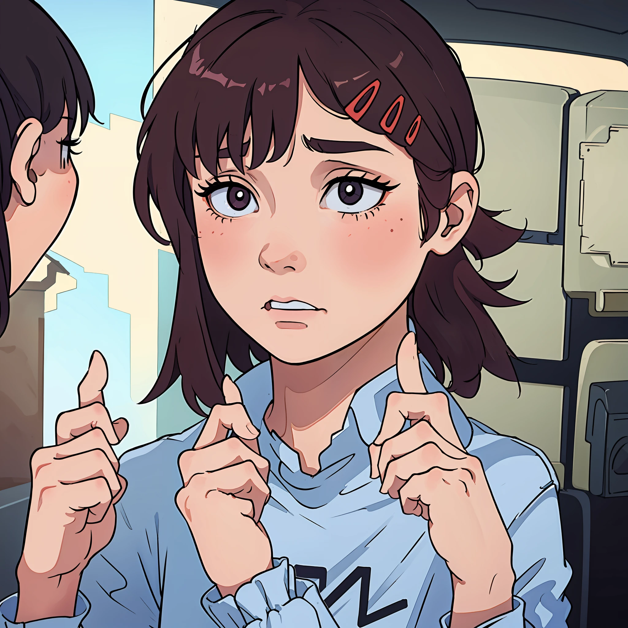 close-up,(1girl),(nervous+confused+middle finger),hairpin)