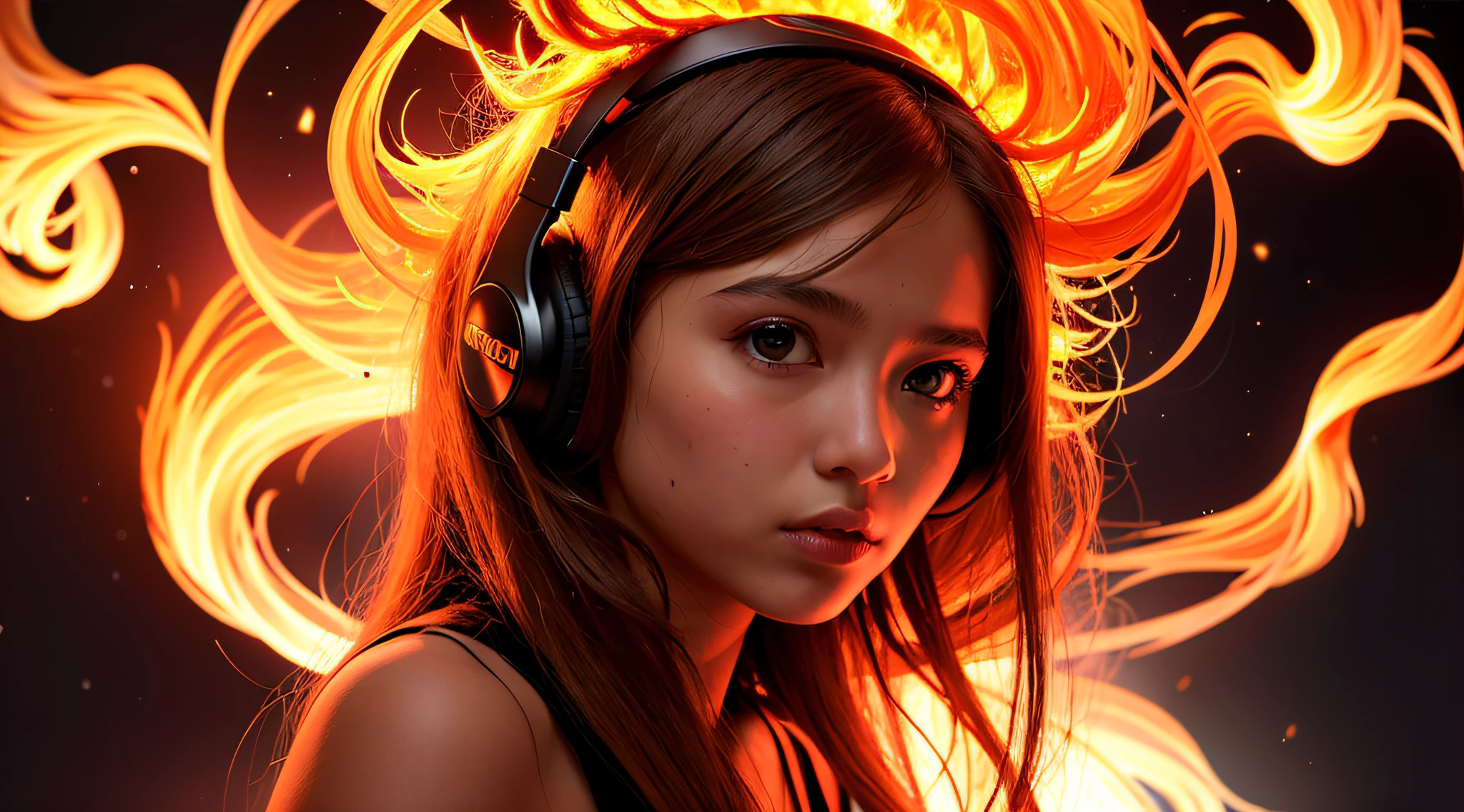 there is a 14 YEAR OLD GIRL in black top and headphones, LONG BLONDE HAIR, PORTRAIT STYLE, CLOSE UP, portrait photo, background art, wearing tumultuous flames, flames surround her, her body made of flames, on fire, on fire, goddess of hot fire, girl wearing headphones, burning in hell, flames around her body, Her hair is on fire, intense steaming, burning atmosphere, engulfed in swirling flames