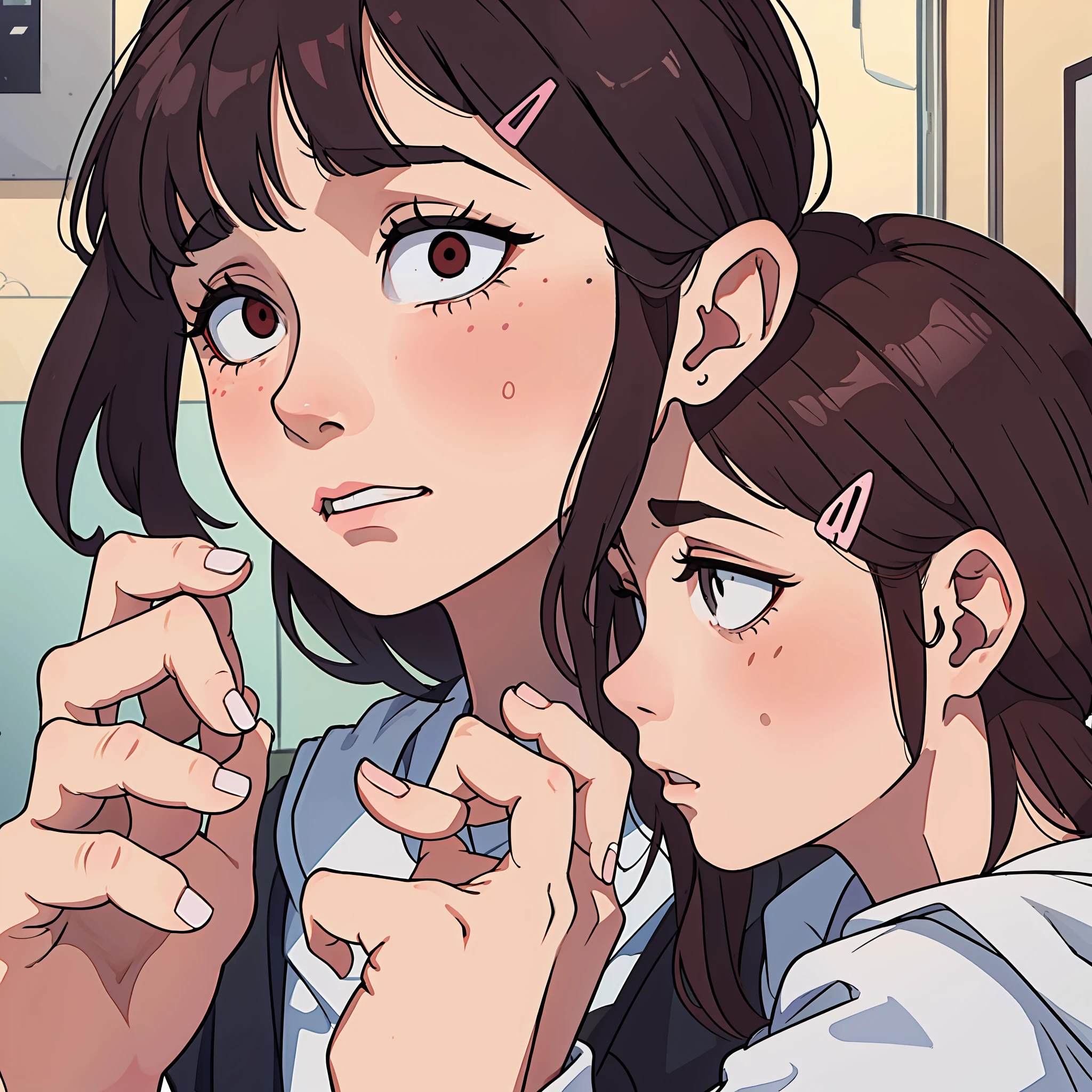 close-up,(1girl),(nervous+confused+middle finger),hairpin)