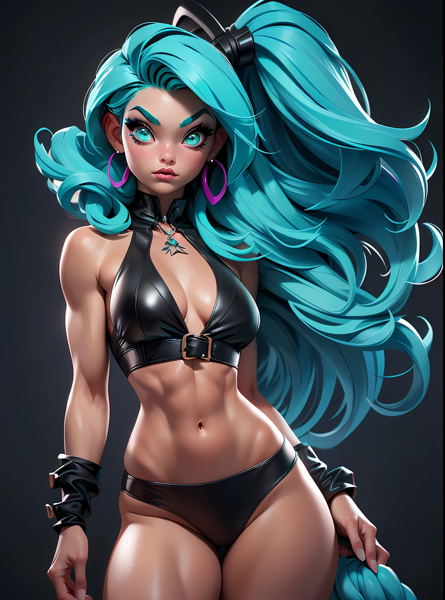 ((Best Quality)), ((Masterpiece)), ((Realistic)) and ultra-detailed photography of a girl with goth colors. She has ((turquoise hair)), wears a small black micro-thong, black micro-bikini , ((beautiful and aesthetic)), muscular fit body abs, sexy, under-boobs, hot