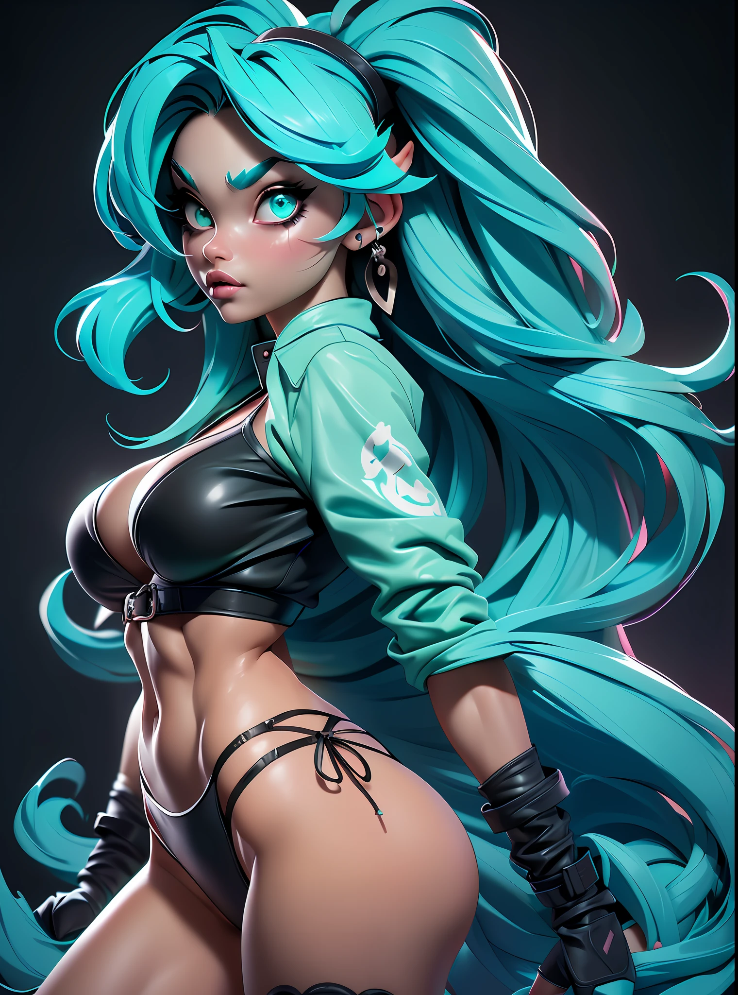 ((Best Quality)), ((Masterpiece)), ((Realistic)) and ultra-detailed photography of a girl with goth colors. She has ((turquoise hair)), wears a small black micro-thong, black micro-bikini , ((beautiful and aesthetic)), muscular fit body abs, sexy, under-boobs, hot