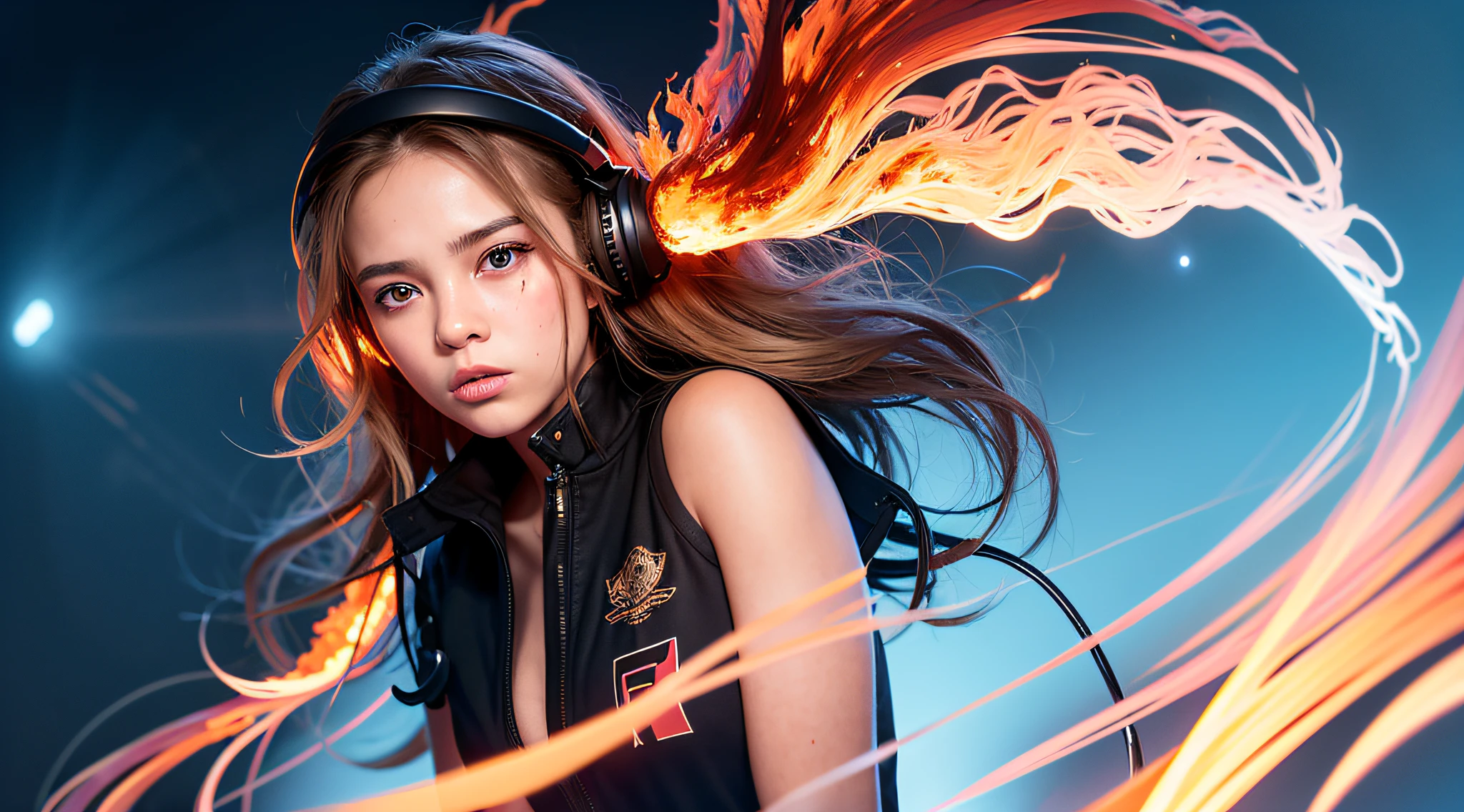 there is a 14 YEAR OLD GIRL in black top and headphones, LONG BLONDE HAIR, PORTRAIT STYLE, CLOSE UP, portrait photo, background art, wearing tumultuous flames, flames surround her, her body made of flames, on fire, on fire, goddess of hot fire, girl wearing headphones, burning in hell, flames around her body, Her hair is on fire, intense steaming, burning atmosphere, engulfed in swirling flames