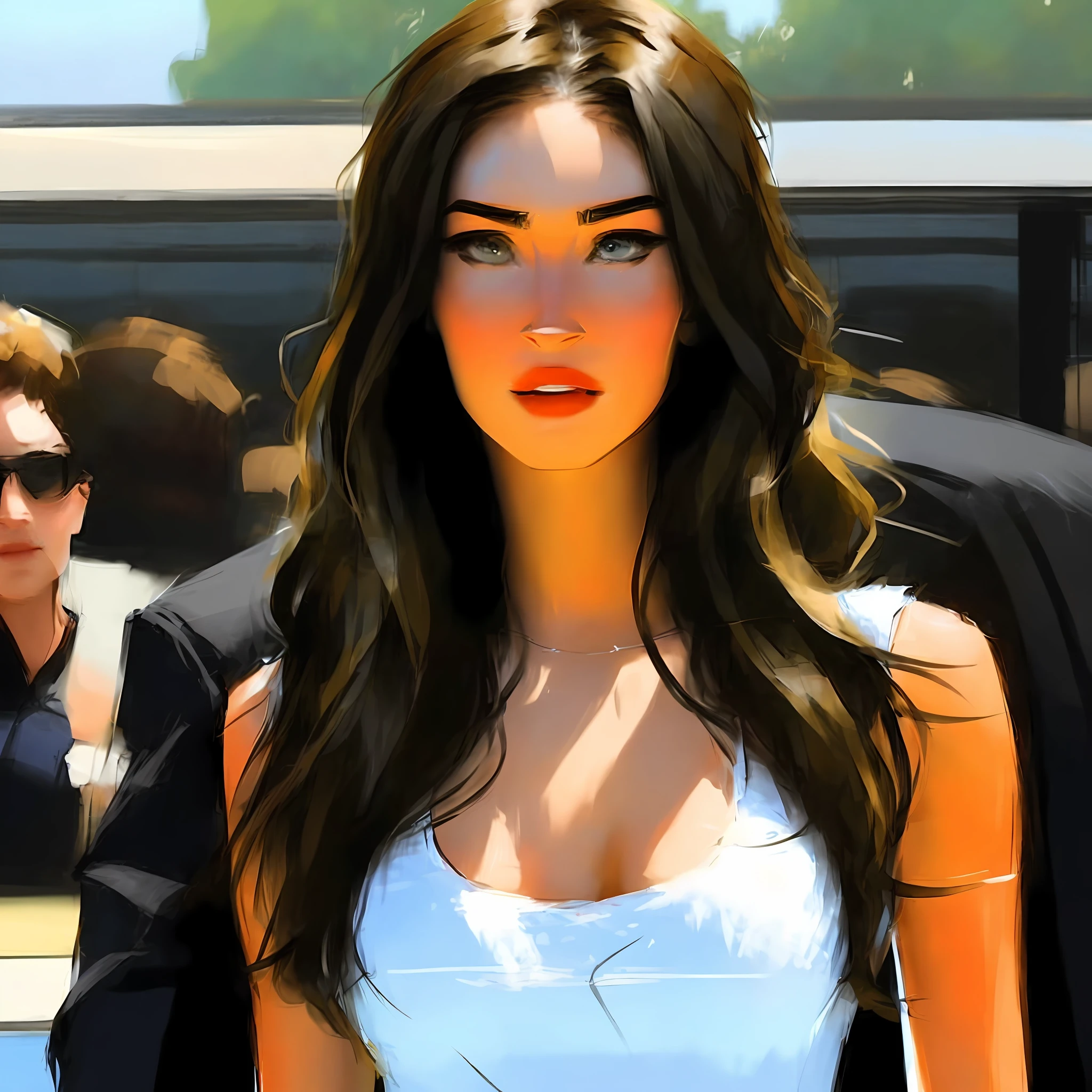 ((Samdoesarts)), (best quality, masterpiece), 1girl, looking at the viewer, blurred background, upper body, contemporary, dress, (Megan fox), illustration, toon