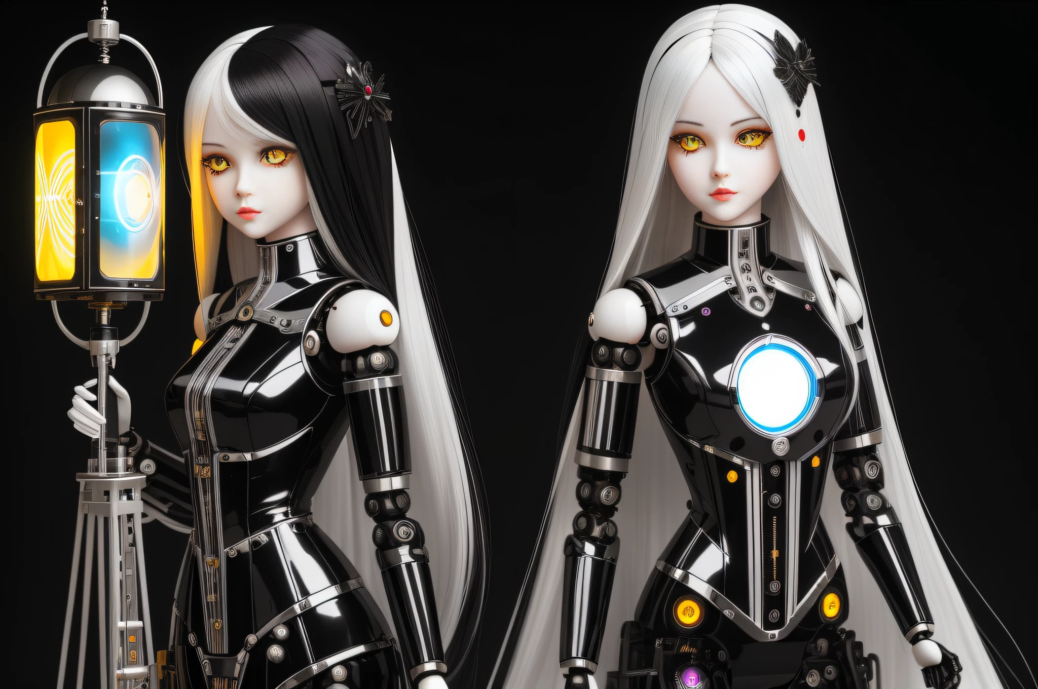android girl, ((mechanical doll, articulated doll, silver parts)), (long hair, black and white hair, multicolored hair, streaked hair), (yellow eyes, glowing eyes, glowing pupils), (hourglass figure, thin waist), (clockwork), (emotionless face), (marionette)