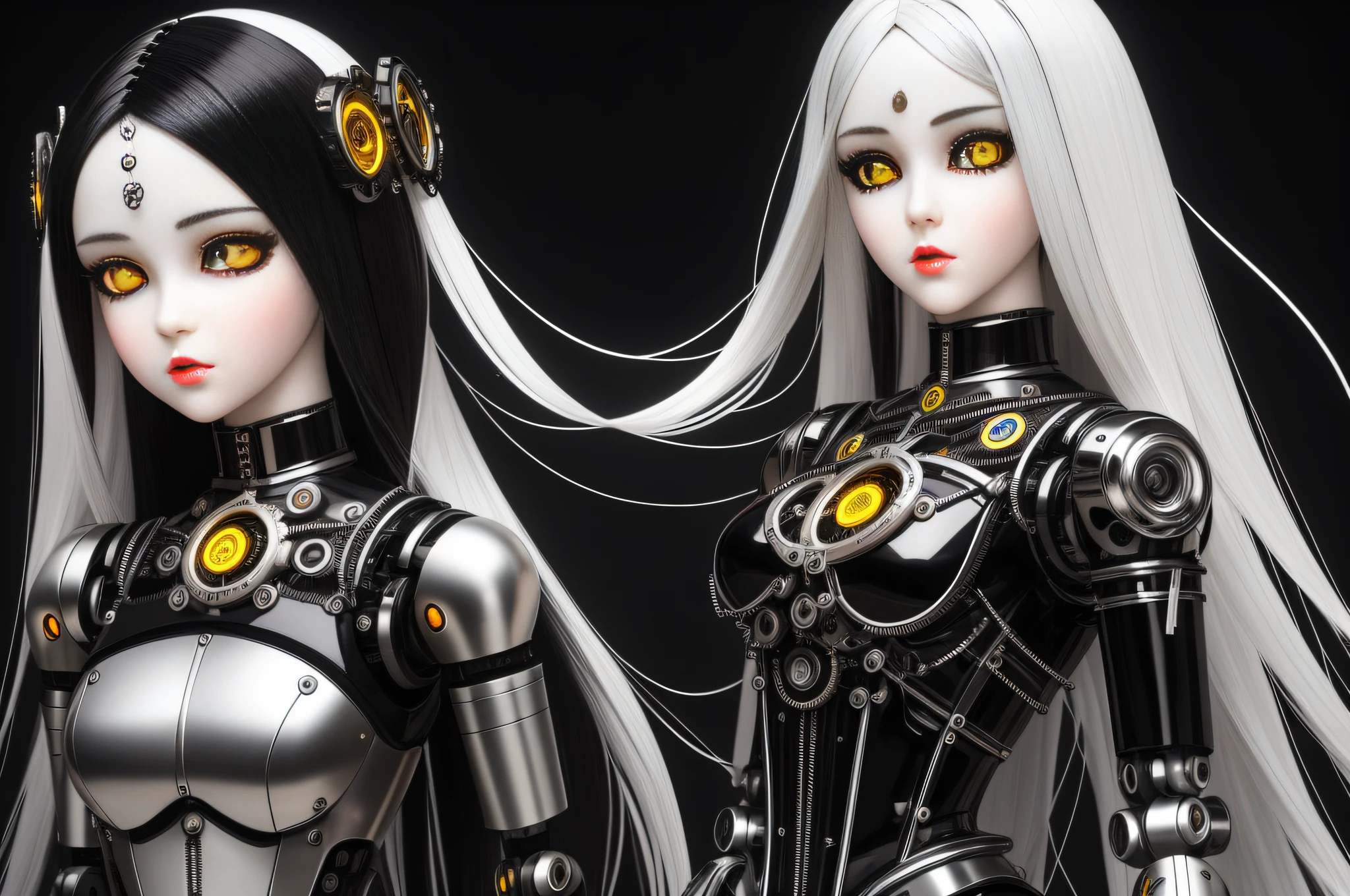 android girl, ((mechanical doll, articulated doll, silver parts)), (long hair, black and white hair, multicolored hair, streaked hair), (yellow eyes, glowing eyes, glowing pupils), (hourglass figure, thin waist), (clockwork), (emotionless face), (marionette)