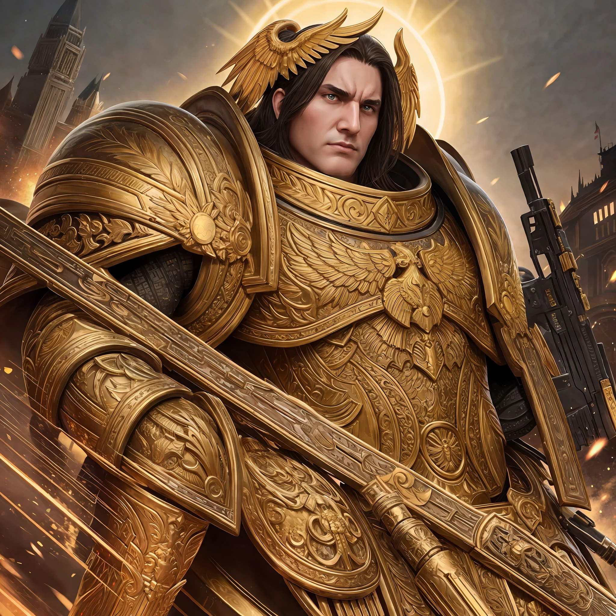 Adeptus astartes in a golden armor, he has wide face and big hair, best quality, I want only one