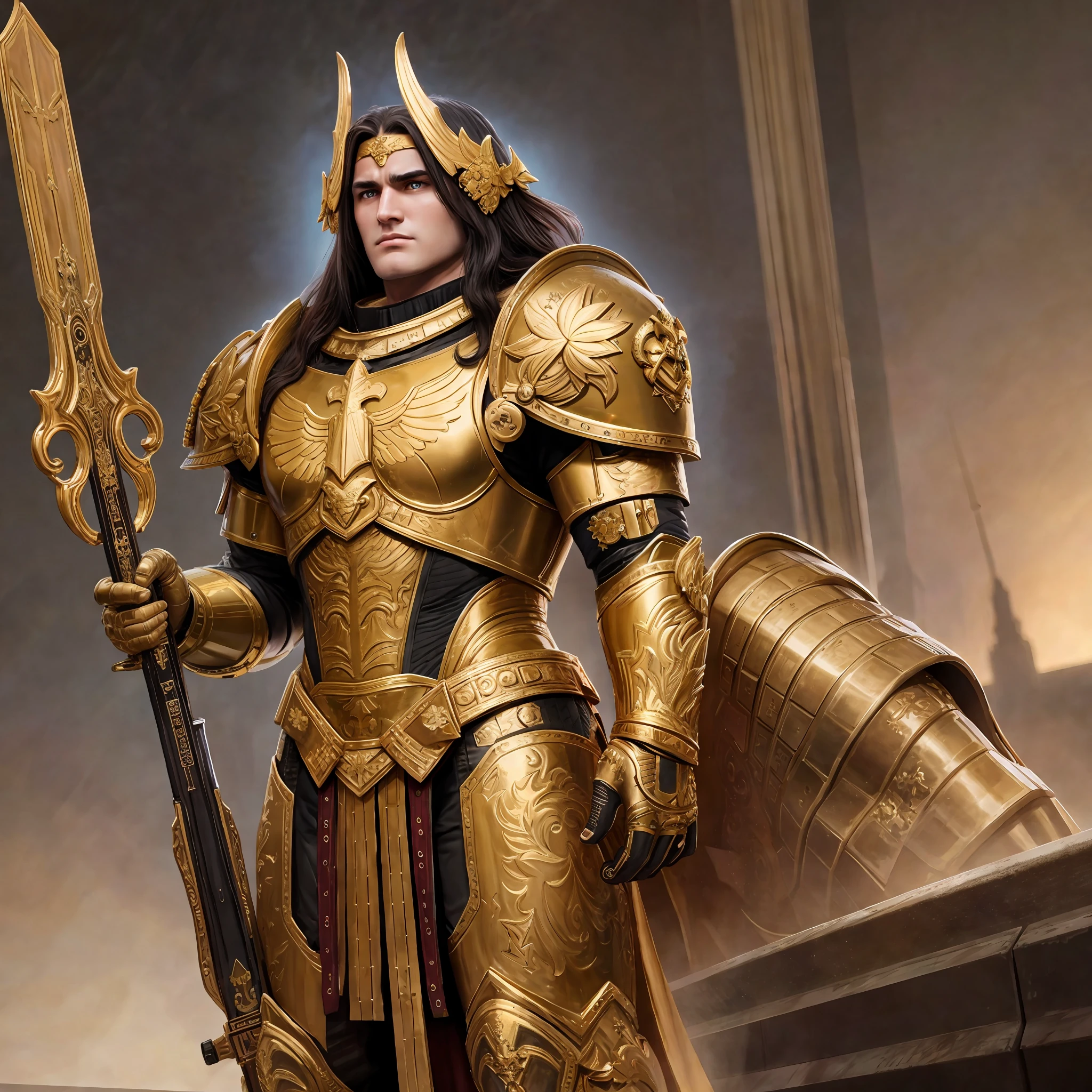 Adeptus astartes in a golden armor, he has wide face and big hair, best quality, I want only one