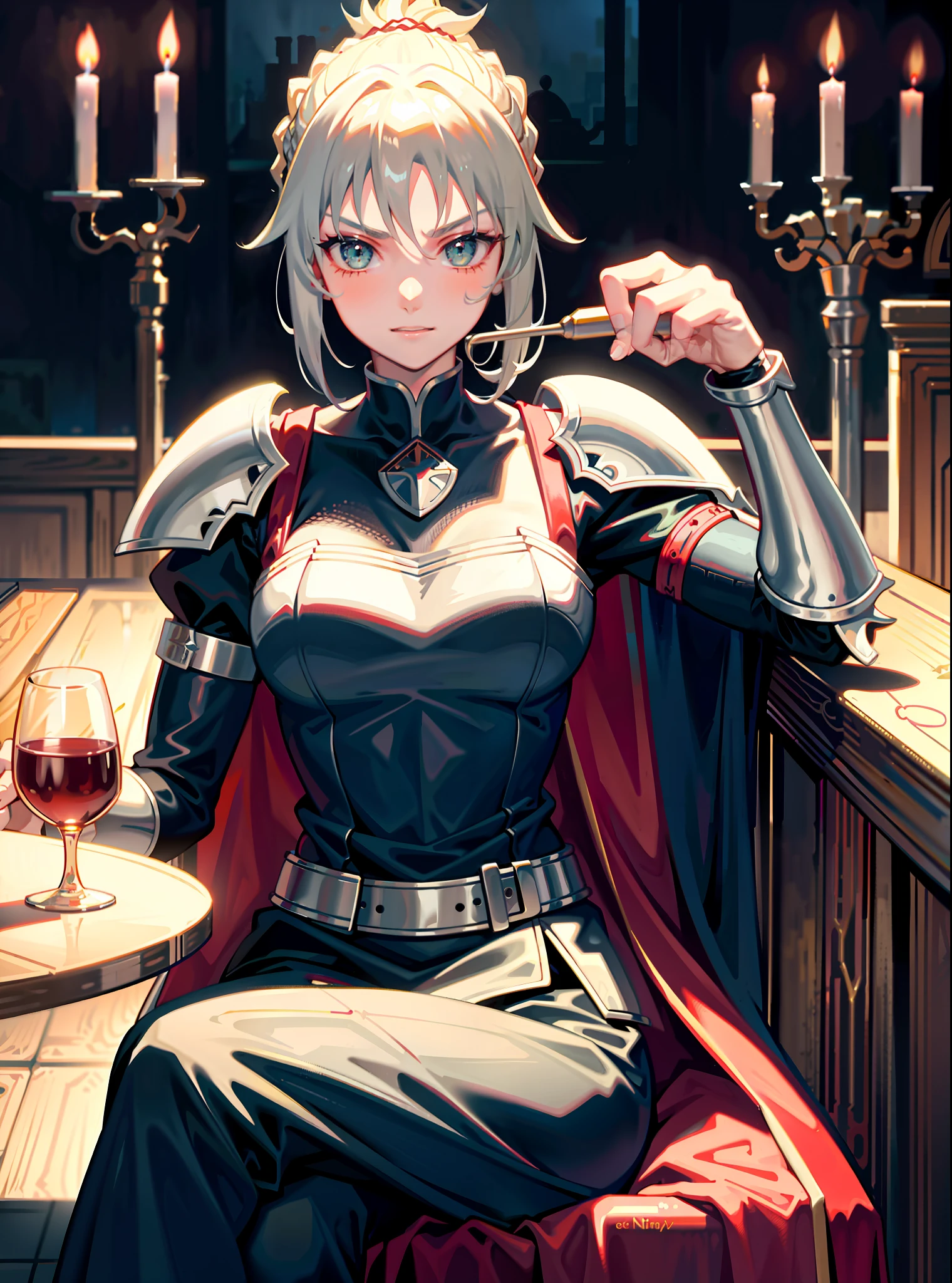 1girl, wifo, mature woman, muscular, solo, mordred \(fate\), ponytail, green eyes, braid, smug, full body, full knight armor, silver armor, mordred armor, fate apocrypha, red edges, tavern, table, sitting in chair, crossed legs, no errors, well detailed, extremely well done, night scene, table with candles, candle lighting, medieval bar, holding a glass of wine.
