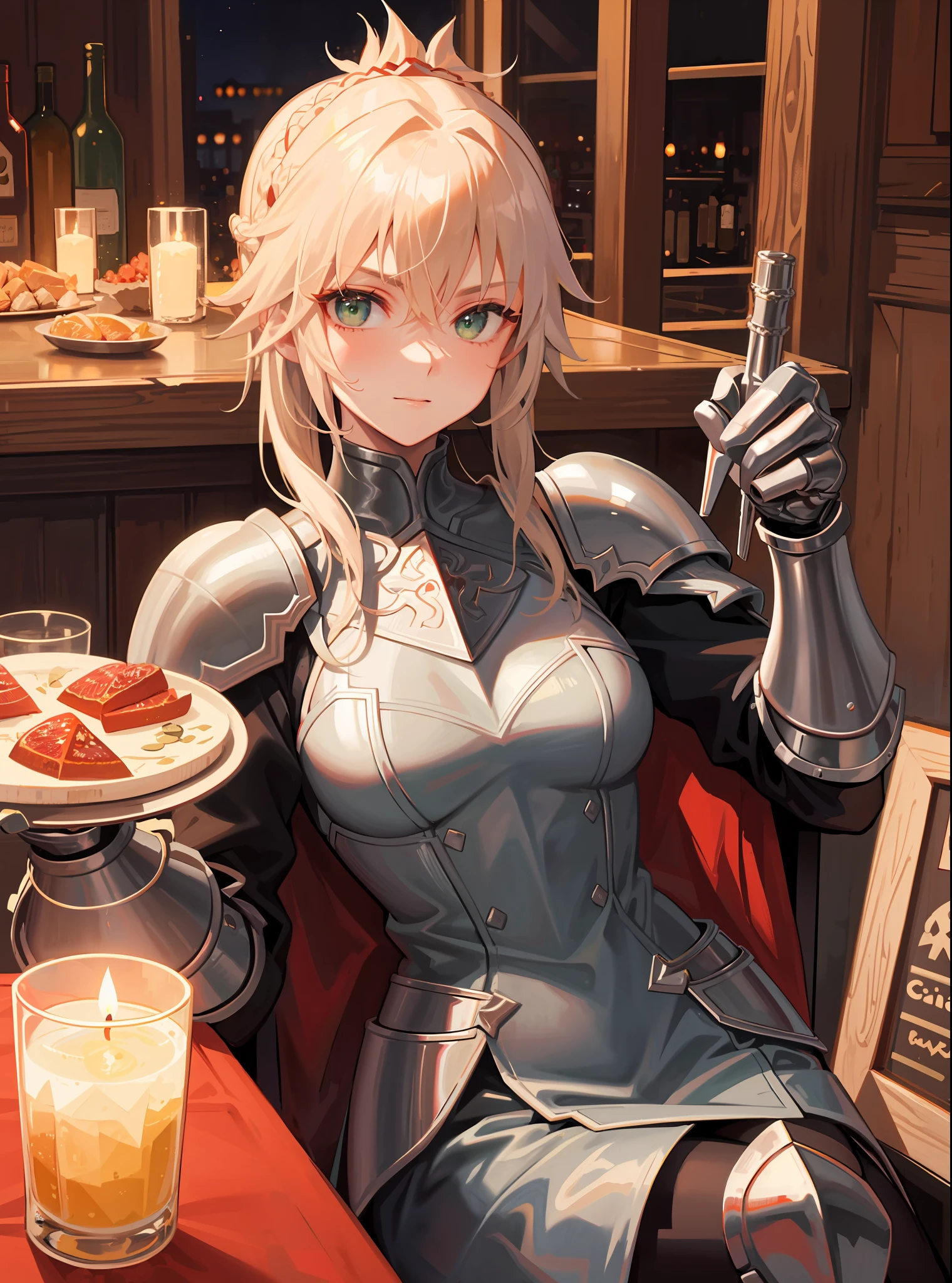 1girl, wifo, mature woman, muscular, solo, mordred \(fate\), ponytail, green eyes, braid, smug, full body, full knight armor, silver armor, mordred armor, fate apocrypha, red edges, tavern, table, sitting in chair, crossed legs, no errors, well detailed, extremely well done, night scene, table with candles, candle lighting, medieval bar, holding a glass of wine