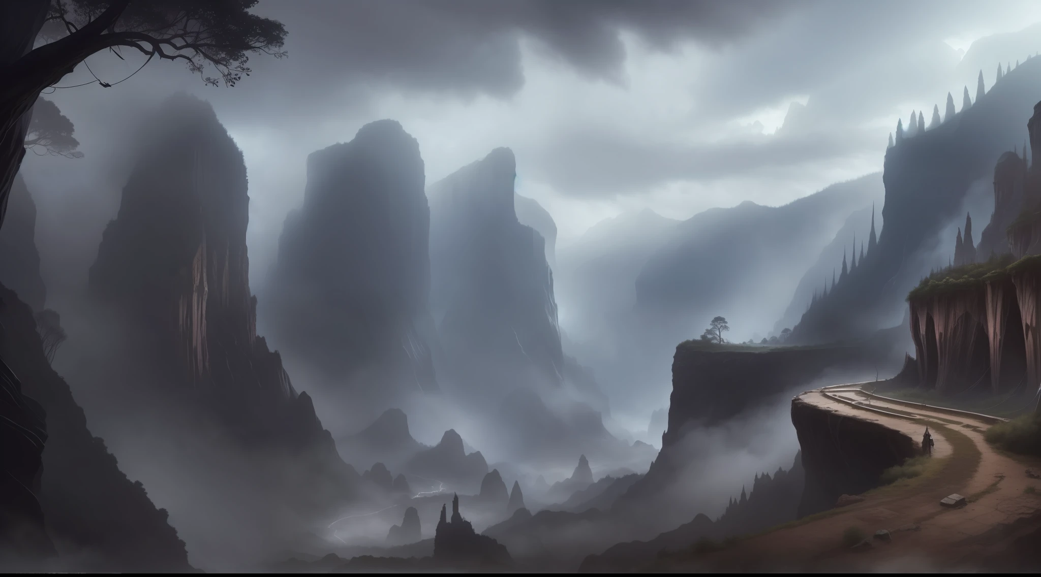 ConceptArt, no humans, scenery, dark fantasy, valley, pueblo, tall trees, dark clouds,  village in a deep canyon covered in giant spider webs, subterranean, building, nature, grey atmosphere, foggy, horror