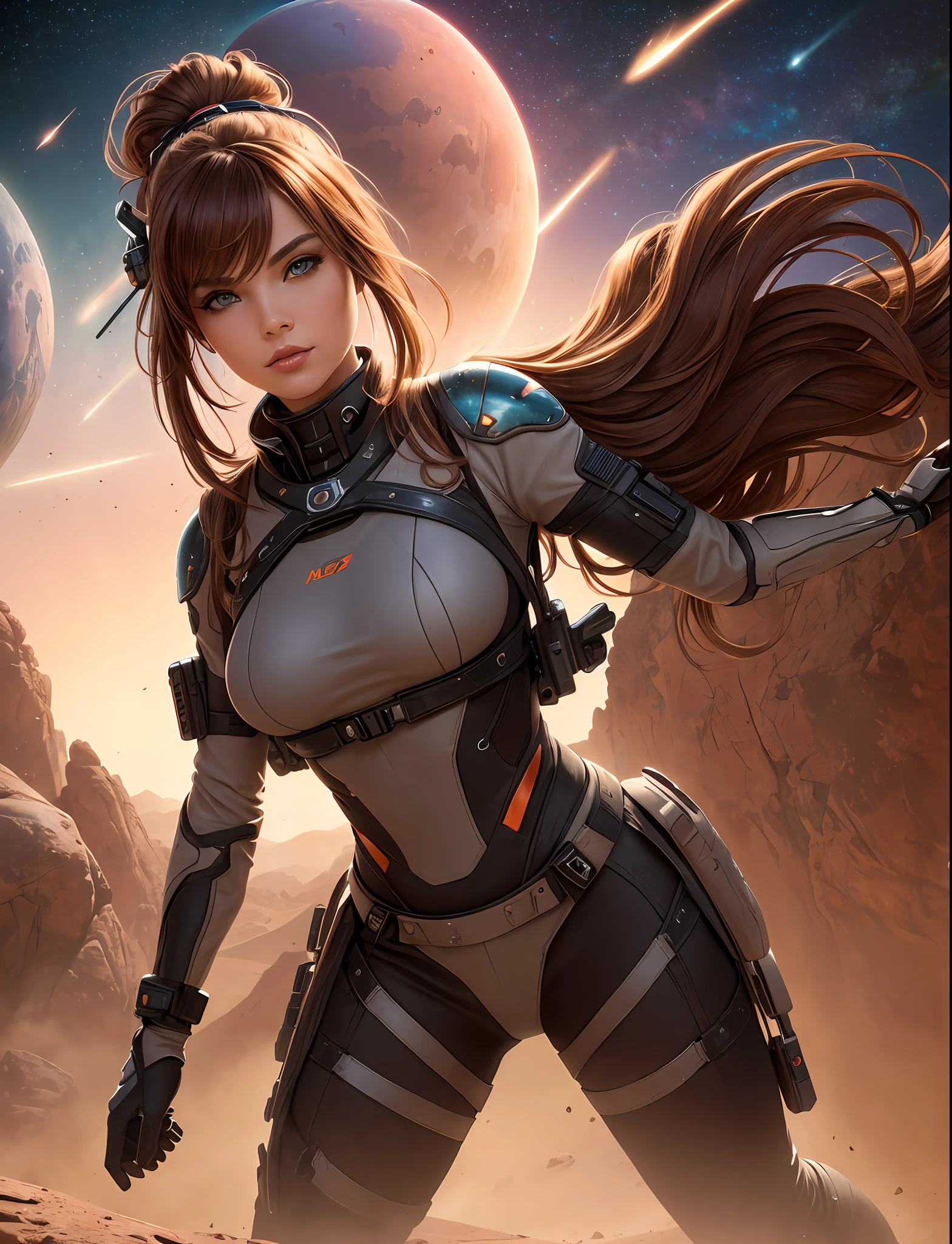 Masterpiece, highly detailed, best painting, futuristic tactical harness, tight space pants, futuristic science fiction [beautiful cheerful young girl] with hair held by a bow, fringe hair in the eyes, blaster, neckline, dynamic angle, [science fiction and fantasy] art, vivid details, face colored by makeup and lipstick, complex, perfect, beautiful lighting, by Heavy Metal Magazine, ((in mars)),  red rocks, horizon (dusty: 0.8 ), soil, medium breasts, fantastic, skin texture, hyper detailed