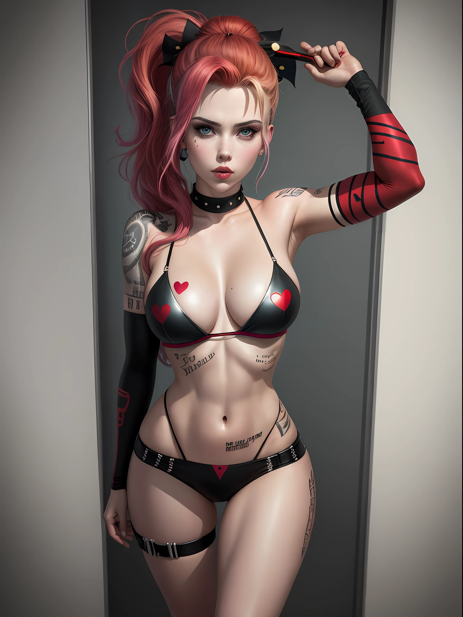 Scarlett Johansson being the harley quinn (best quality), with long hair, neckline top with big breasts, big butt, turned legs, nipple sticker, tattoo below navel office room, masterpiece, ultra detailed, highest quality photography, 4k quality, best quality, textured skin, anatomically correct, super detail, realistic, realistic eyes, perfect face, perfect eyes, best quality wallpapper, colorful, full body