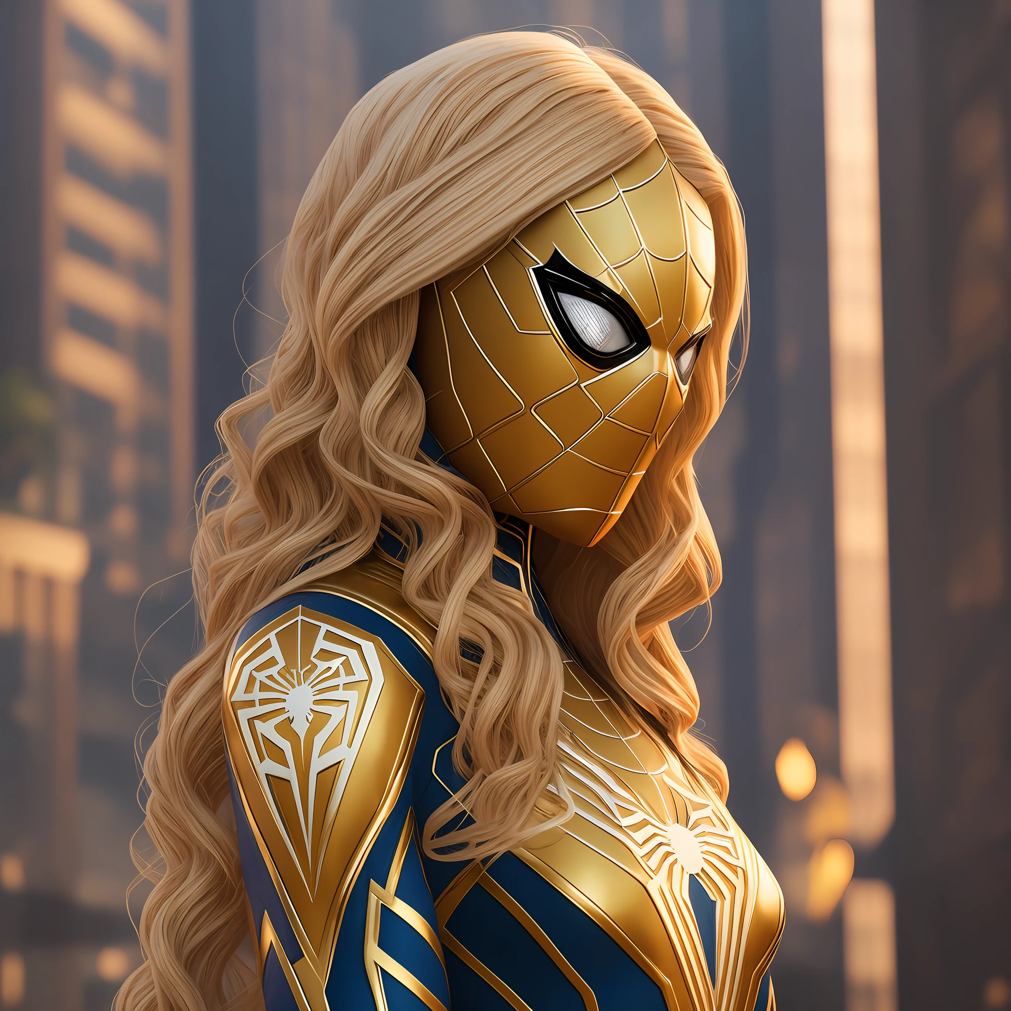 Female spider-man, spider woman, white and gold spider suit, long golden blonde hair, marvel superhero, 8k, spider-man mask --auto --s2