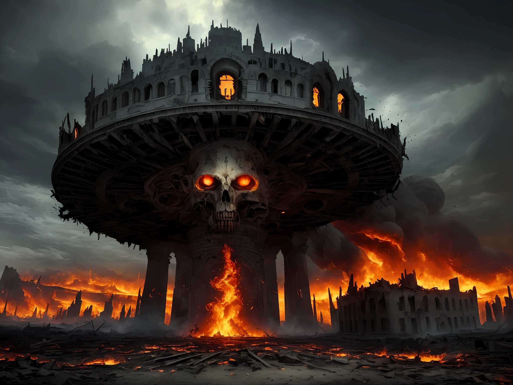 ((best quality)),((ultra-detailed)), ((masterpiece)), illustration, apocalypse, end of the world, destruction, chaos, fire, smoke, ruins, abandoned cities, barren deserts, dark skies, with the devil chained to the earth.
