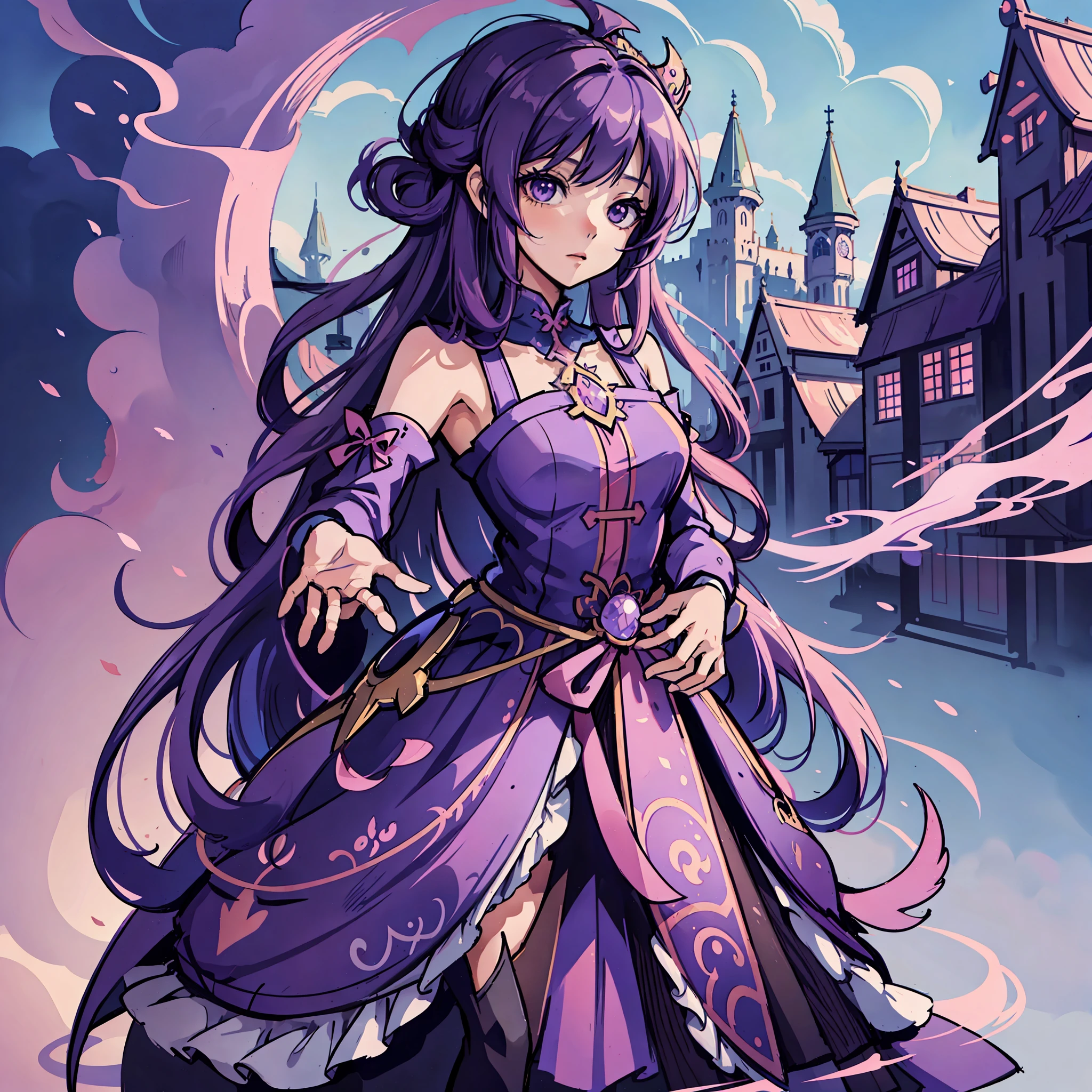 flat illustration anime girl with long purple hair wearing a purple dress and a tiable, an anime drawing by Kamagurka, pixiv, fantasy art, detailed digital anime art, anime style 4 k, detailed anime art, anime goddess, beautiful anime art style, anime princess, anime moe artstyle, 8k high quality detailed art, detailed anime artwork, anime illustration, soft pastel tones