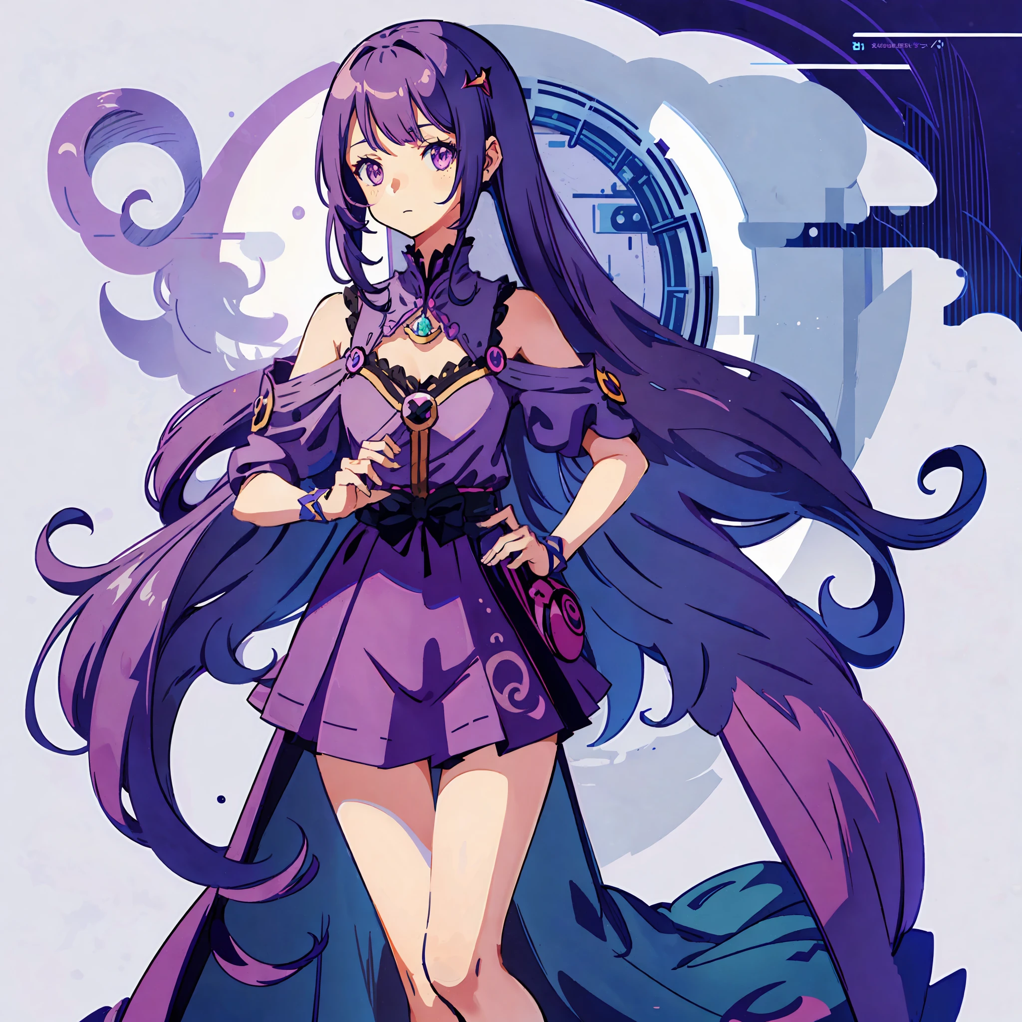 flat illustration anime girl with long purple hair wearing a purple dress and a tiable, an anime drawing by Kamagurka, pixiv, fantasy art, detailed digital anime art, anime style 4 k, detailed anime art, anime goddess, beautiful anime art style, anime princess, anime moe artstyle, 8k high quality detailed art, detailed anime artwork, anime illustration, soft pastel tones