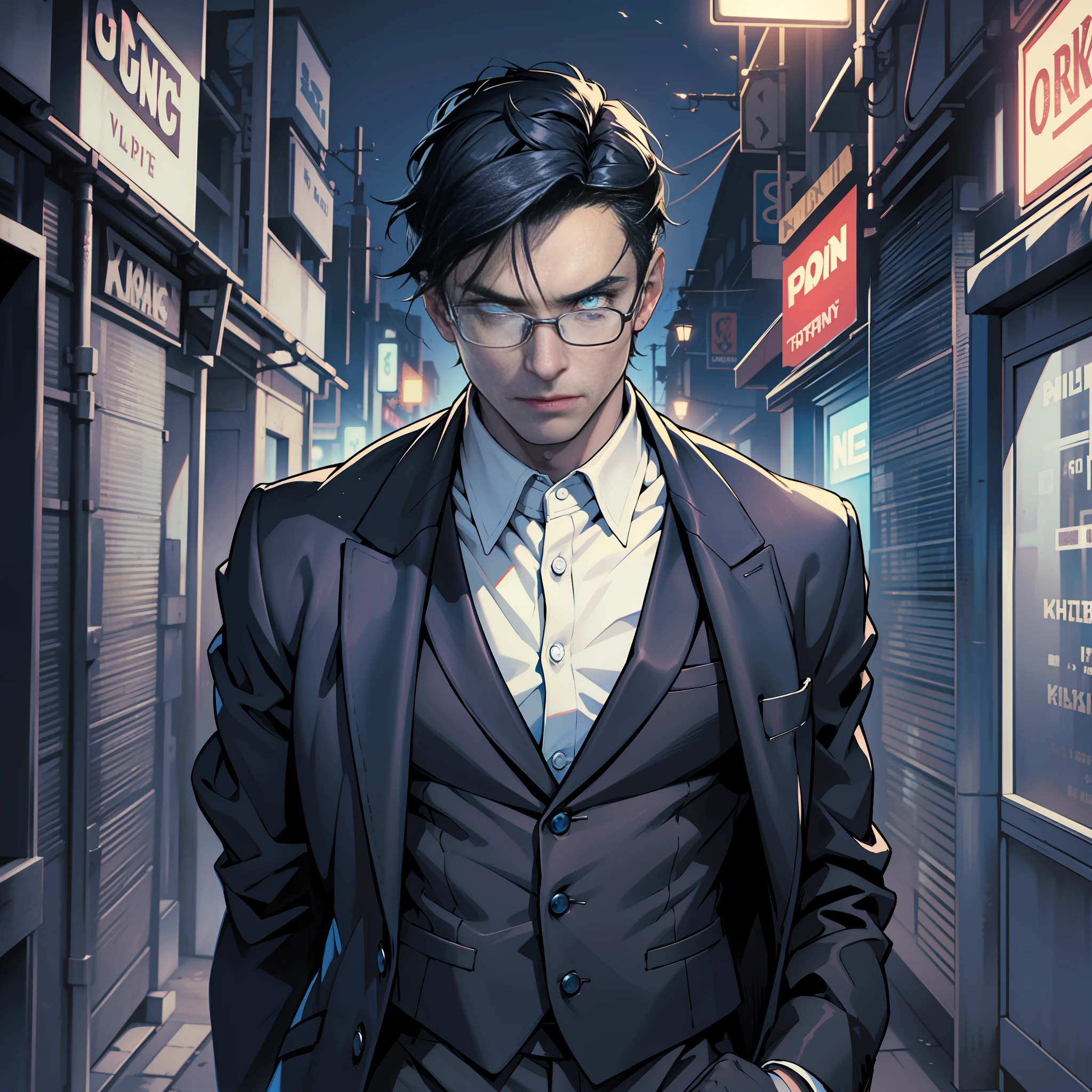 (extremely detailed 16k wallpaper), dark theme, Vampire the Masquerade, modern horror, 2020s, young man, blue suit, sharp focus, (subsurface scattering:1.1), award-winning photography, centered face, (Cillian Murphy's face), expensive glasses, ((a Malkavian vampire)), front shot, half-body shot:1.1, black hair short cut Peaky Blinders, supernatural blue eyes, serious expression, beachfront at night, dramatic lighting