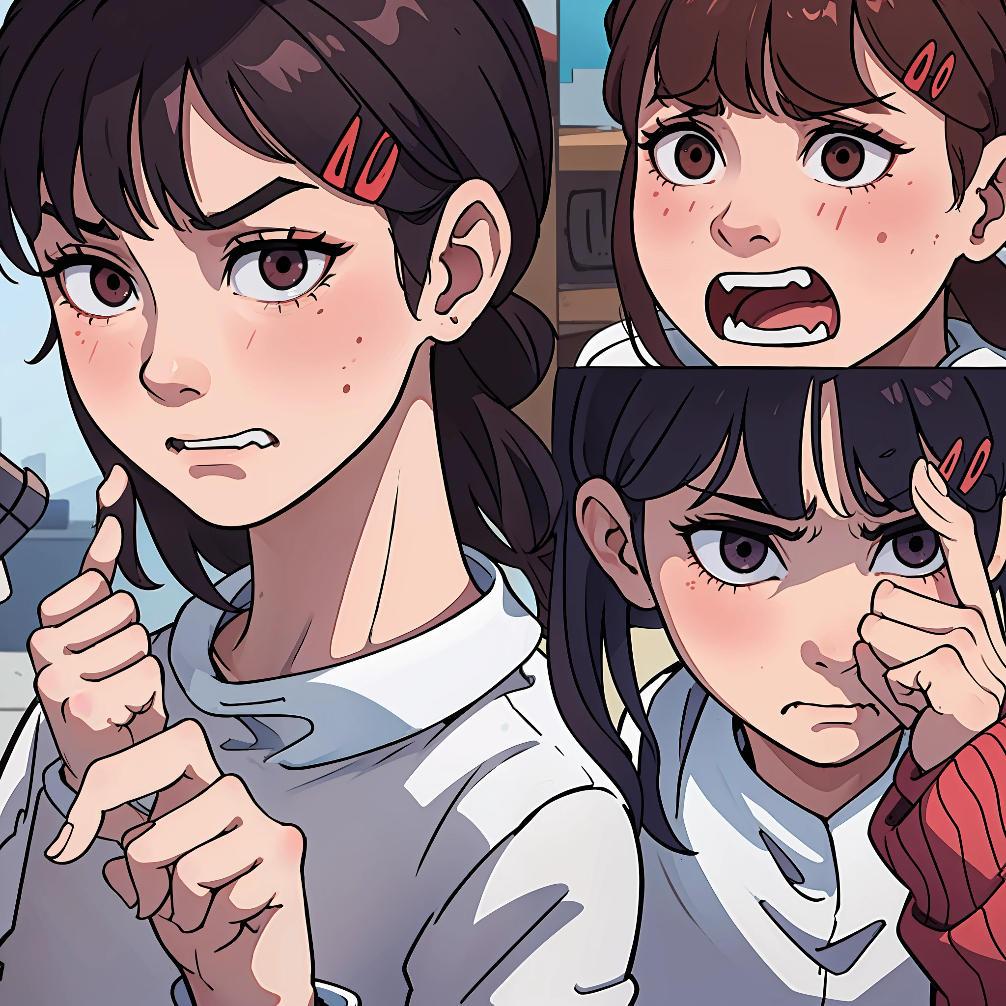 close-up,(1girl),(nervous+confused+middle finger+angry),hairpin), only one girl
