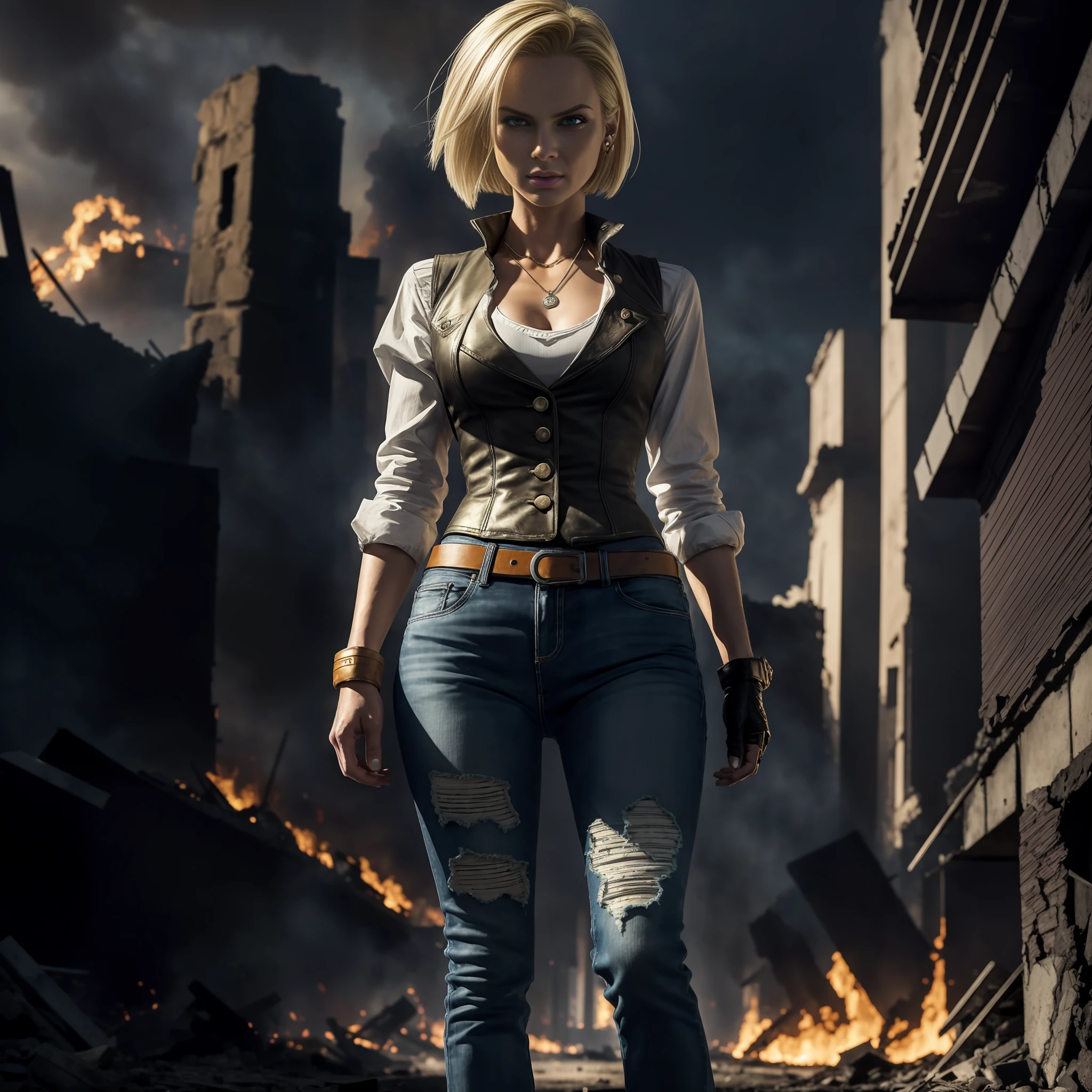 "(((Masterpiece))), best quality, ultra-detailed 8k wallpaper, depicting Android 18 from Dragon Ball Z in a ruined city, Standing, Light Blond hair, White Blouse and black vest, Blue Jeans, Orange Socks, Black Shoes, Black Gloves, Necklace, Bracelet, destruction and chaos, smoke, fire, ruins, dust, intense shadows, dramatic lighting, moody atmosphere, cinematic finish, Smirking"