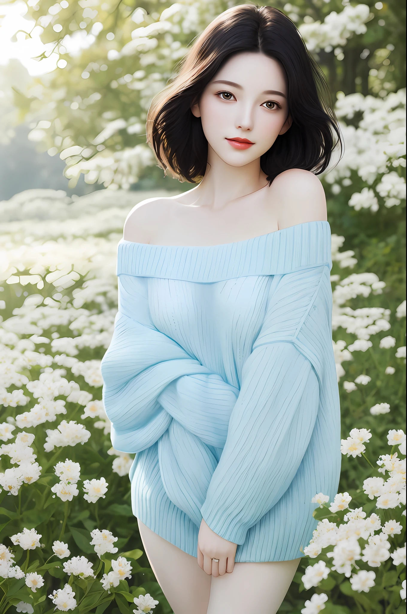cute girl photo realistic,stands in a park where white clover blooms all around, exquisite and beautiful face, pretty face, (peach Red lips:1.1),pale skin, snow white skin, milky white skin, smooth translucent white skin, tender and smooth skin,(black hair:1.15),short hair,smile, exquisite collarbone, seductive and delicate collarbone, charming fragrant shoulders, shoulders slightly exposed, open-shoulder long sweater,sky blue sweater,bokeh, full body,very realistic details, ultra-high resolution,outstanding details