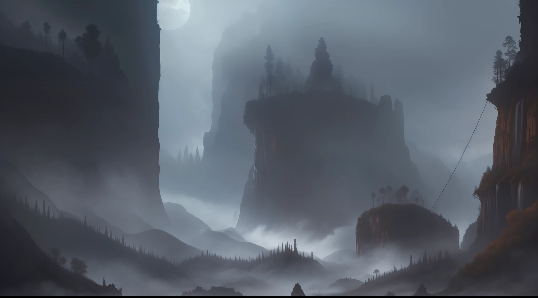 ConceptArt, no humans, scenery, dark fantasy, valley, pueblo, tall trees, dark clouds,  village in a deep canyon covered in giant spider webs, subterranean, building, nature, grey atmosphere, foggy, horror