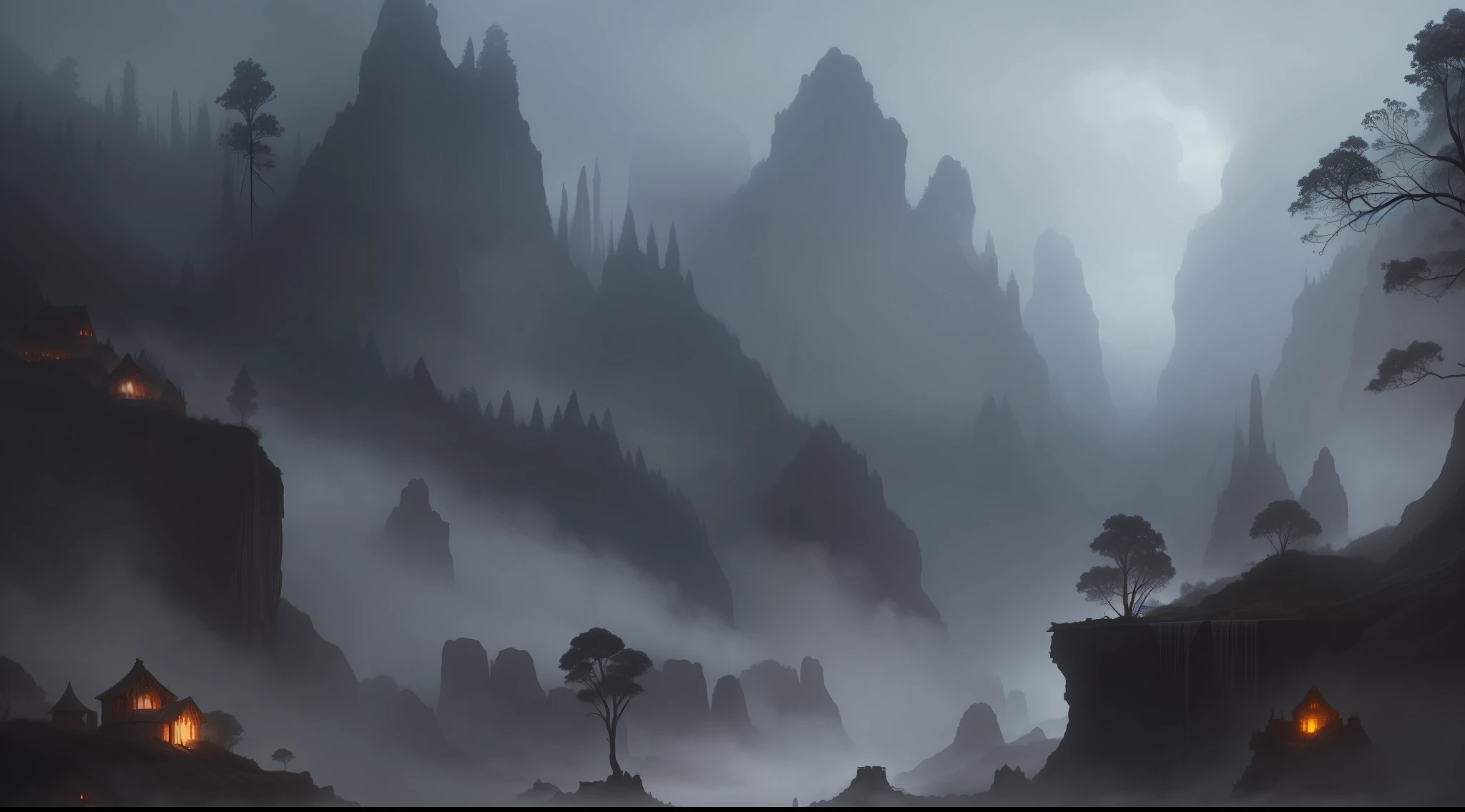 ConceptArt, no humans, scenery, dark fantasy, valley, pueblo, tall trees, dark clouds, village in a deep canyon covered in giant spider webs, subterranean, building, nature, grey atmosphere, foggy, horror