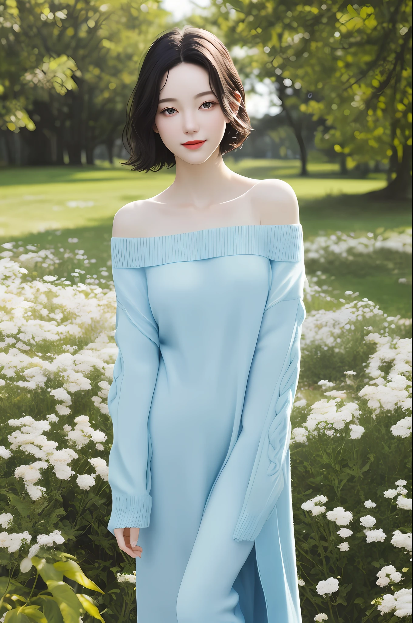 cute girl photo realistic,stands in a park where white clover blooms all around, exquisite and beautiful face, pretty face, (peach Red lips:1.1),pale skin, snow white skin, milky white skin, smooth translucent white skin, tender and smooth skin,(black hair:1.15),short hair,smile, exquisite collarbone, seductive and delicate collarbone, charming fragrant shoulders, shoulders slightly exposed, open-shoulder long sweater,sky blue sweater,bokeh, full body,very realistic details, ultra-high resolution,outstanding details