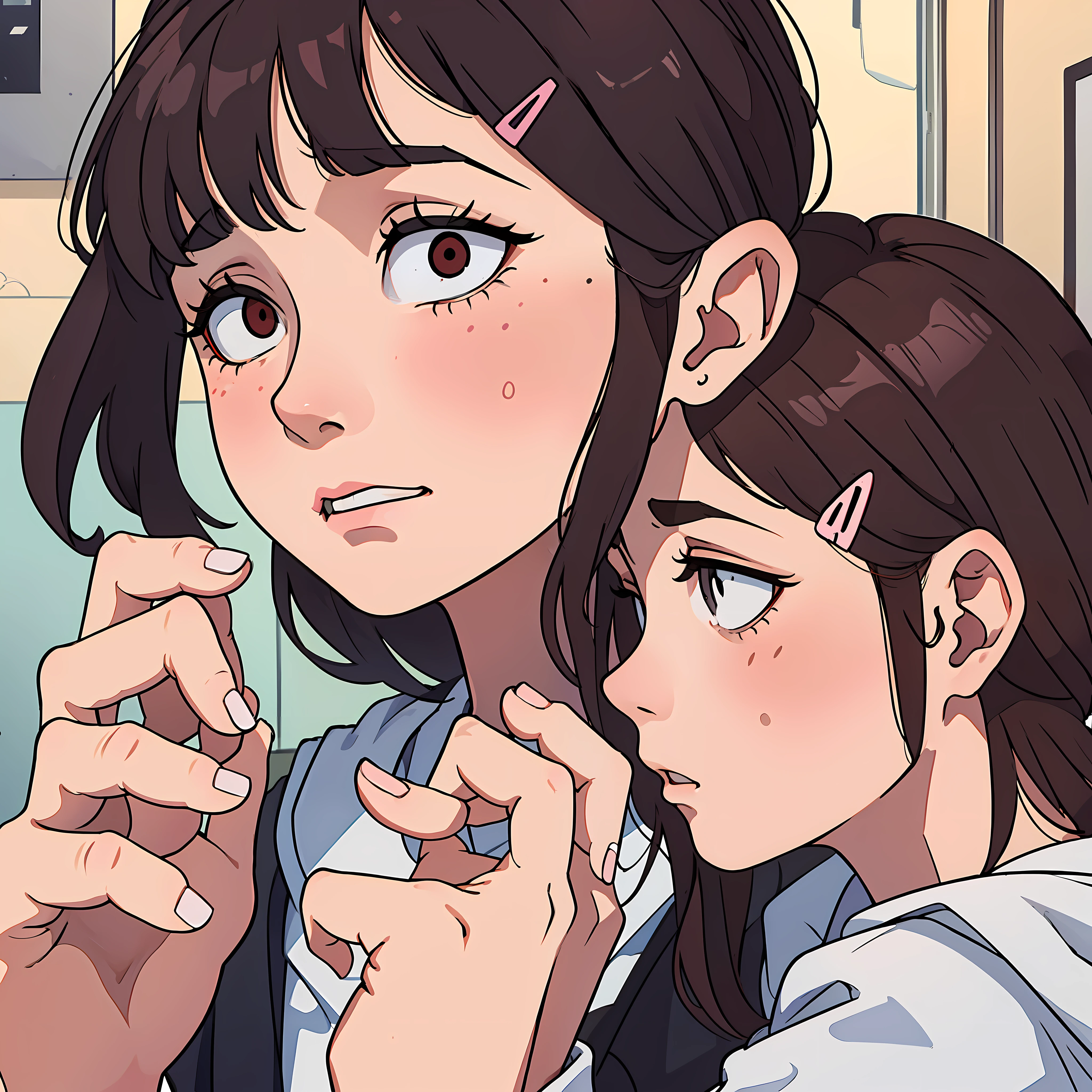close-up,(1girl),(nervous+confused+middle finger),hairpin)