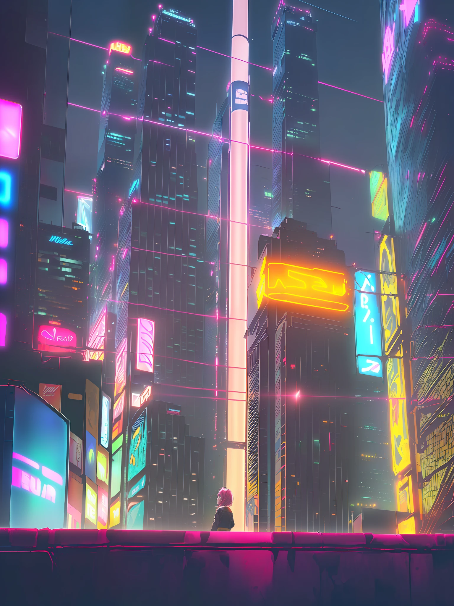 (Masterpiece, 4K, Super Detail: 1.2), (Anime: 1.2), Illustration, (Real: 1),
(Solo: 1.4),
(Panorama, 2-point perspective: 1.4), aerial photography,
(landscape, outdoor, night, midnight, cyberpunk, rooftop: 1.2), (skyscraper, cityscape: 1.4),
(Neon sign, blue neon, pink neon, yellow neon: 1.4) (Backwards, Backwards)
(Black Hair, Bob: 1.2), (Supermodel: 1.4),