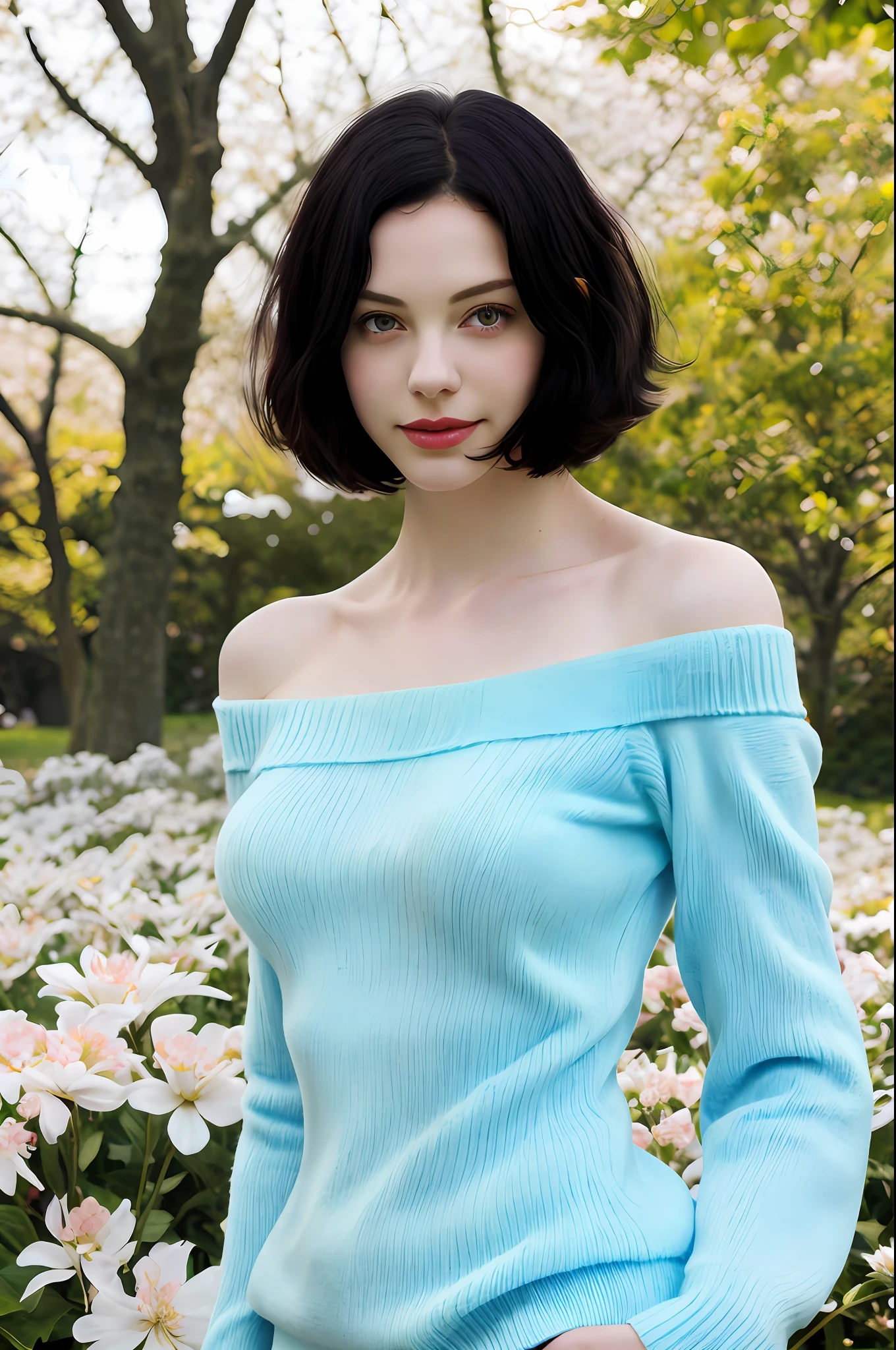 cute girl photo realistic,stands in a park where white clover blooms all around, exquisite and beautiful face, pretty face, (peach Red lips:1.1),pale skin, snow white skin, milky white skin, smooth translucent white skin,  tender and smooth skin,(black hair:1.15),short hair,smile, exquisite collarbone, seductive and delicate collarbone, charming fragrant shoulders, shoulders slightly exposed,  open-shoulder long sweater,sky blue sweater,bokeh, full body,very realistic details,  ultra-high resolution,outstanding details