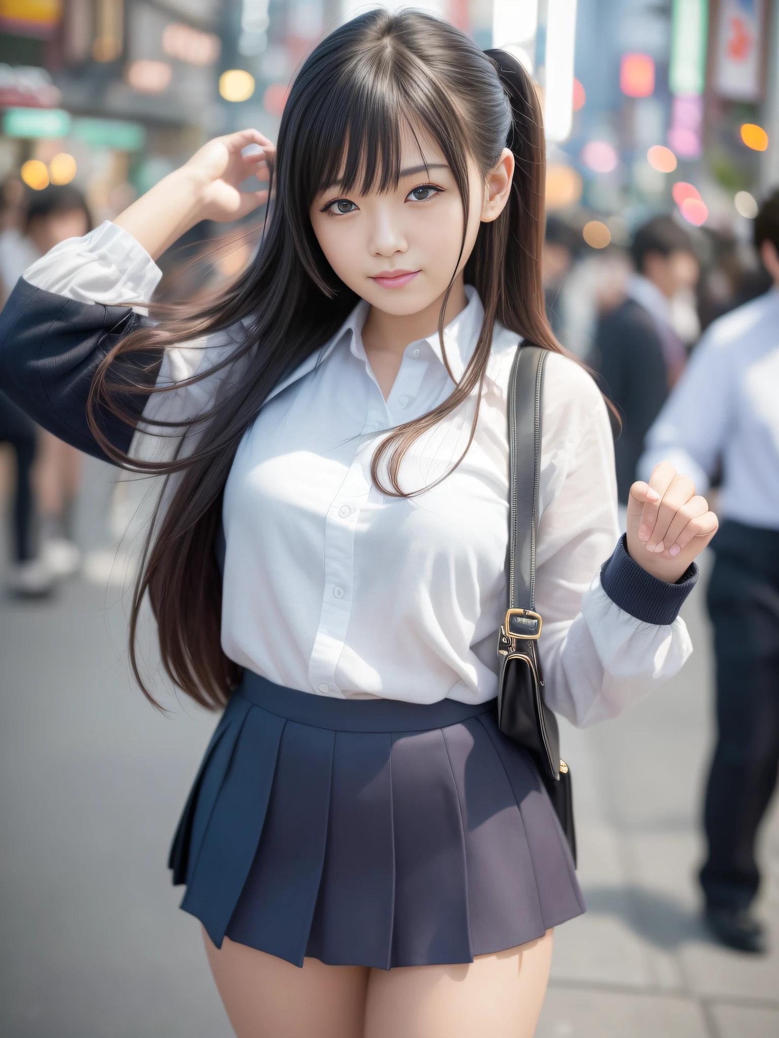 Ultra top quality, masterpiece, ultra high resolution, (photorealism: 1.4), highly detailed CG Unity 8k wallpaper, detailed and complex, incredibly absurd, original, high resolution, raw photo, (perfect figure), finely complex, dslr, soft lighting, high quality, film grain, depth of field, fujifilm xt3, 50mm lens, backlight, HDRHyperrealistic, Color Grade, Dynamic Pose, Portrait, Japan Person, Smile, Lips, Bangs, (Crowded Akihabara: 1.2), Front View Viewer, Natural Light, Girl, 19 Years Old, Full Body, Solo, Student, High School, Uniform, Cute High School Girl, Japan High School Girl Uniform, Bobby Socks, Pleated Skirt, Daytime, On the Street, Deep Shadow, Cute, Beauty, Modest, Cold Light 12000K\Street, Street, Akihabara, Shinjuku, Shibuya, Ikebukuro, Detailed Realistic, Skin Texture, Super Detailed, Realistic Skin Texture, (dramatic, award-winning photos, incredible masterpieces: 1.3)