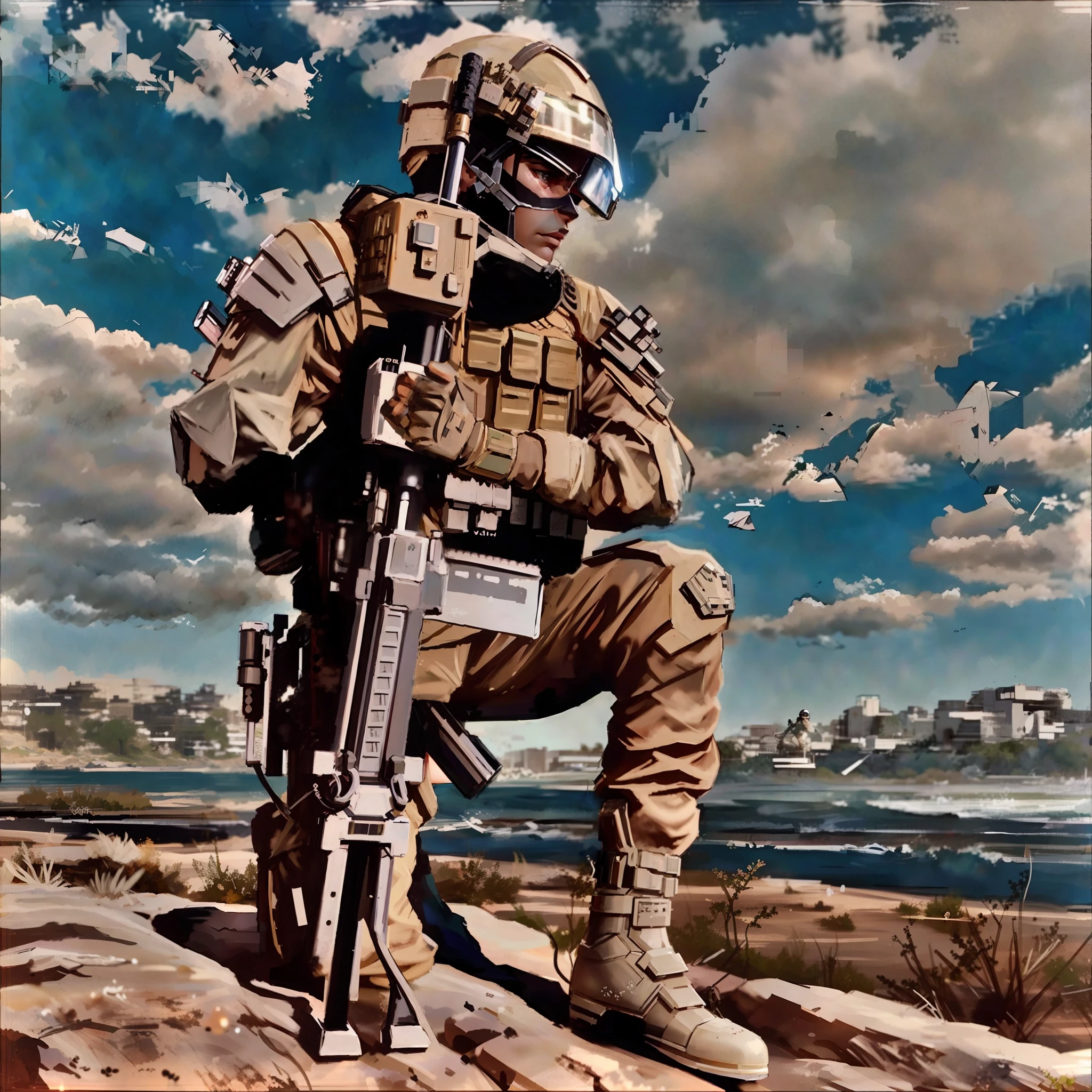 military police soldier sitting on a rock with a rifle and a futuristic ballistic helmet, camouflaged future soldier clothing, profile photo, robust soldier, military photography, full soldier clothing, profile photo, camouflaged equipment, special operations Brazilian sertão, ciosac, bope, resting after a difficult mission, Kurdish soldier, tired male solo soldier, future combat equipment, futuristic soldier, soldier, miltarius, guerrilla soldier, 8k, hyper realistic,