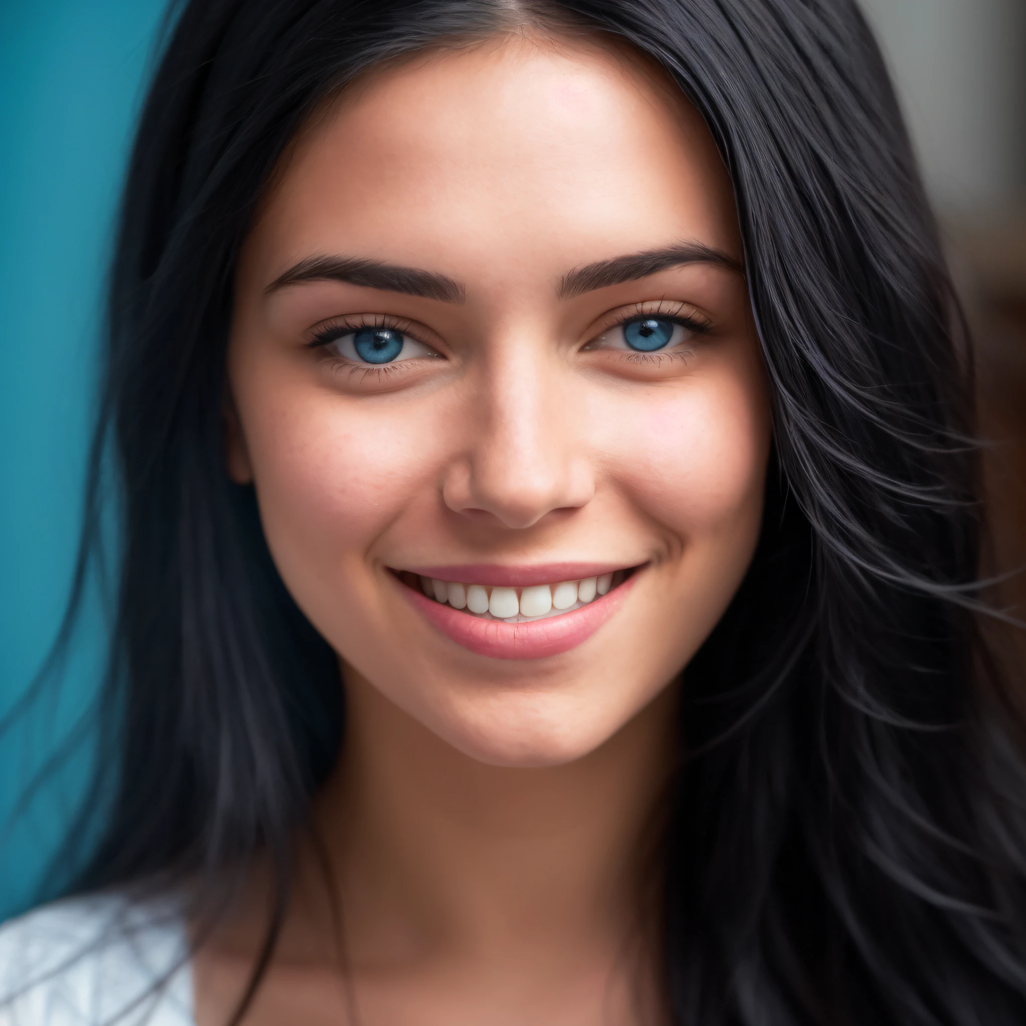 Smiling woman with long black hair and blue eyes posing for a photo, soft portrait shot 8k, closeup headshot portrait, smiling young woman, subtle confident smile, attractive female face, 60mm portrait, beautiful smiling face, beautiful and smiling, beautiful latin face, smiling woman, 7 0 mm portrait, perfect face, wearing flowery dress, full body