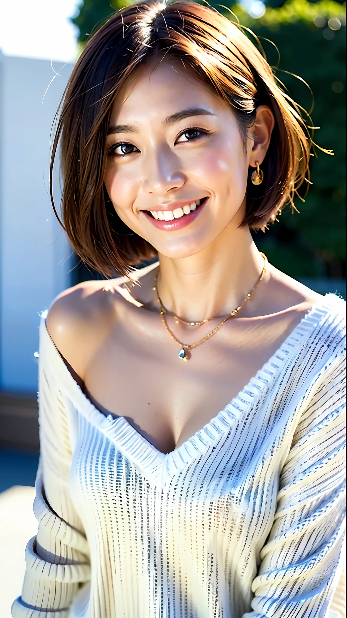 (Best Quality, 8k, 32k, Masterpiece, UHD: 1.2), Cute Japan Woman Picture, Big, Very Short Bob Hair, Upper Body, (oversize_sweater,:1.1) Necklace, Simple Background, Look Around, Smiling