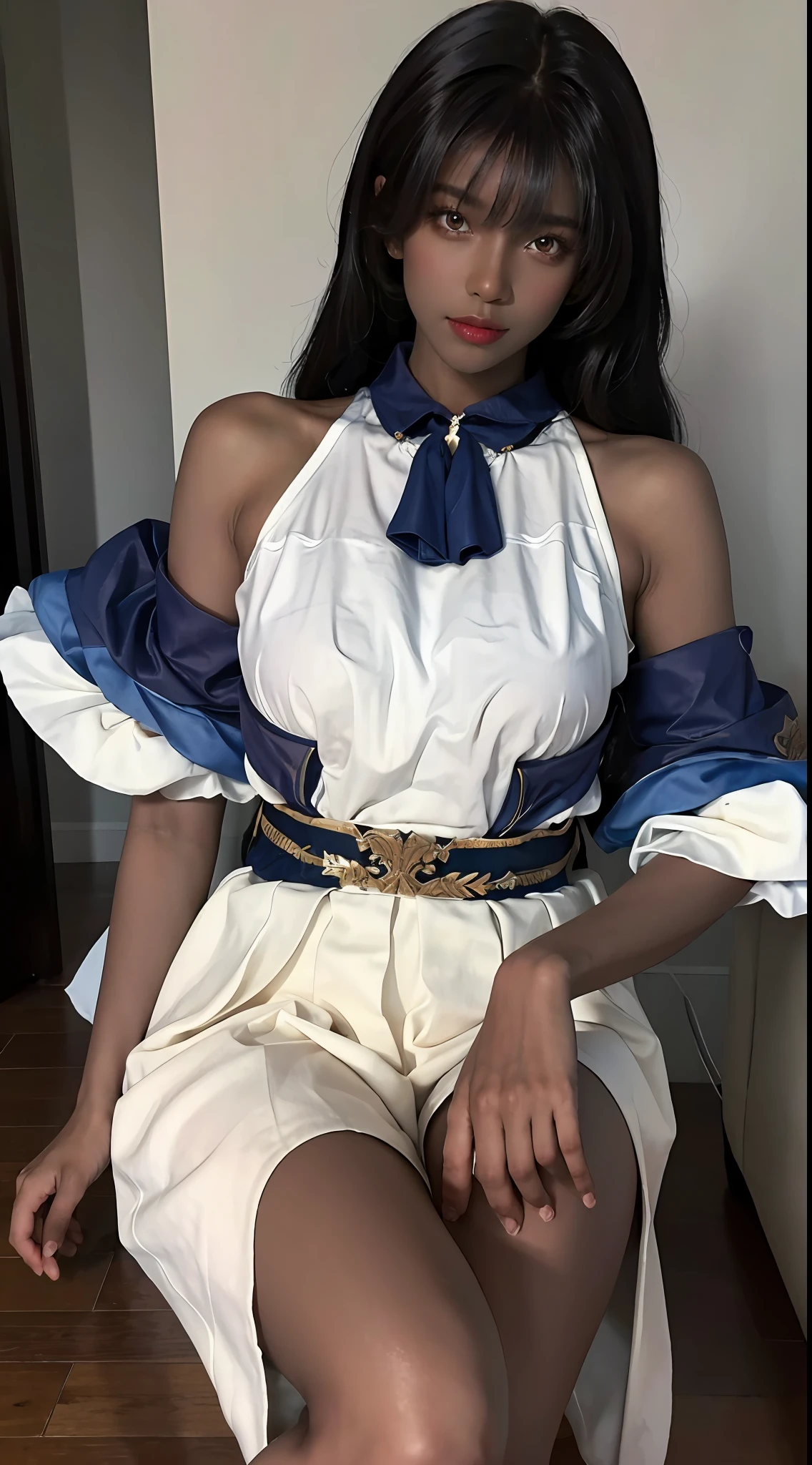 (((Masterpiece))), best quality, close-up, dark skin, sculptural body, open-legged position, long dark hair, intense makeup, expressive eyes, warm lighting tones, neutral background.