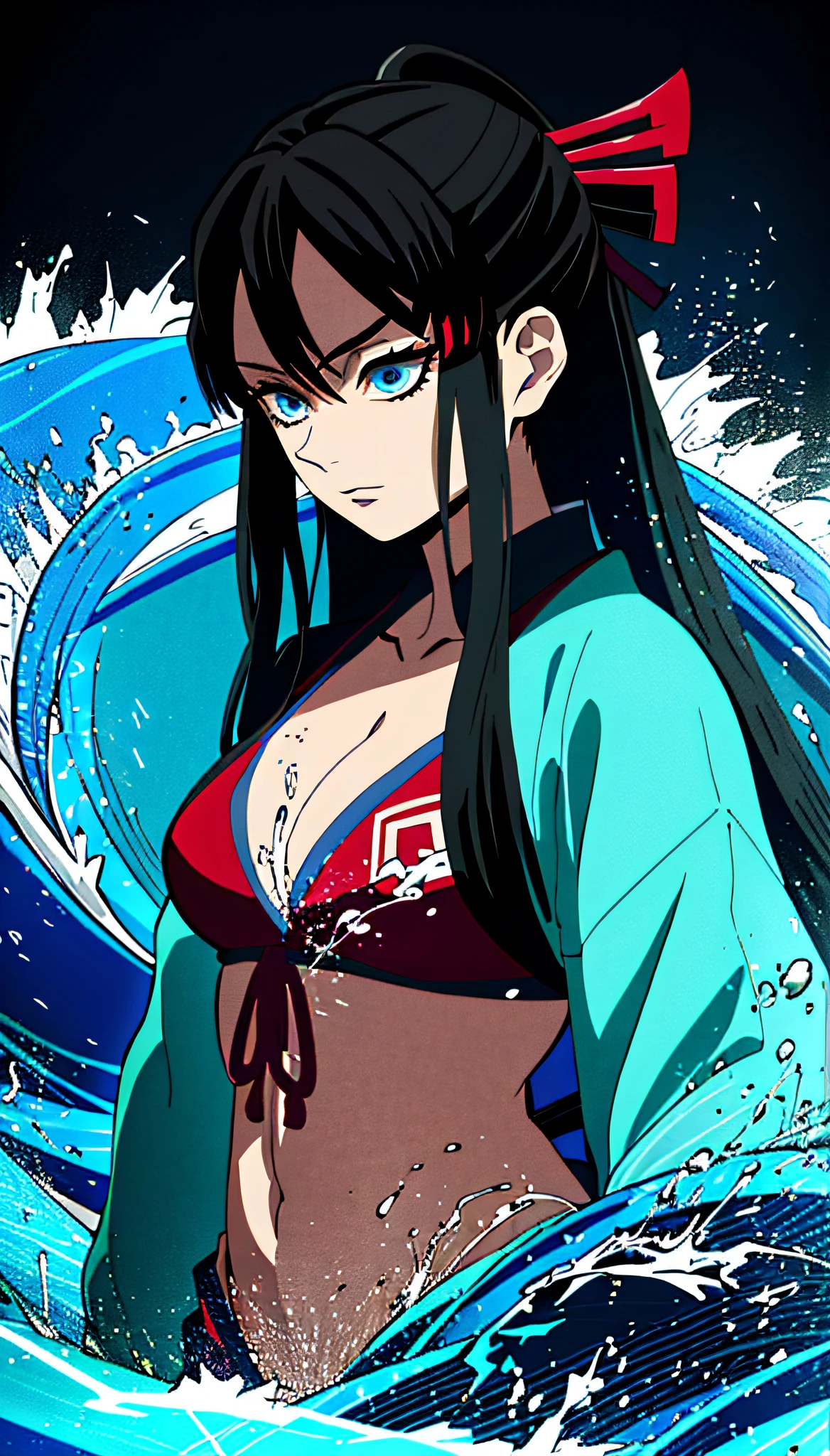 Kimetsu no Yaiba style Water Hashira, a woman in a red bikini top and a dark blue Demon Slayer Uniform is standing in the water, black/blueish - haired, hair ornament, blue eyes, gentle expression, anime coloring, high detail, high contrast, dark colors ((masterpiece)