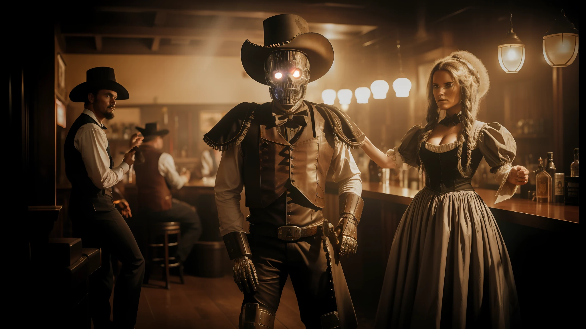 there are two people dressed up in costumes standing in a bar, cinematic still of westworld, benevolent android necromancer, behance contest winner, anthropomorphic _ humanoid, old west town, terror glow, nikon d 7 5 0, machine noir grimcore, by Laurie Lipton, duel between two cowboys, anatomically correct android, saguaro