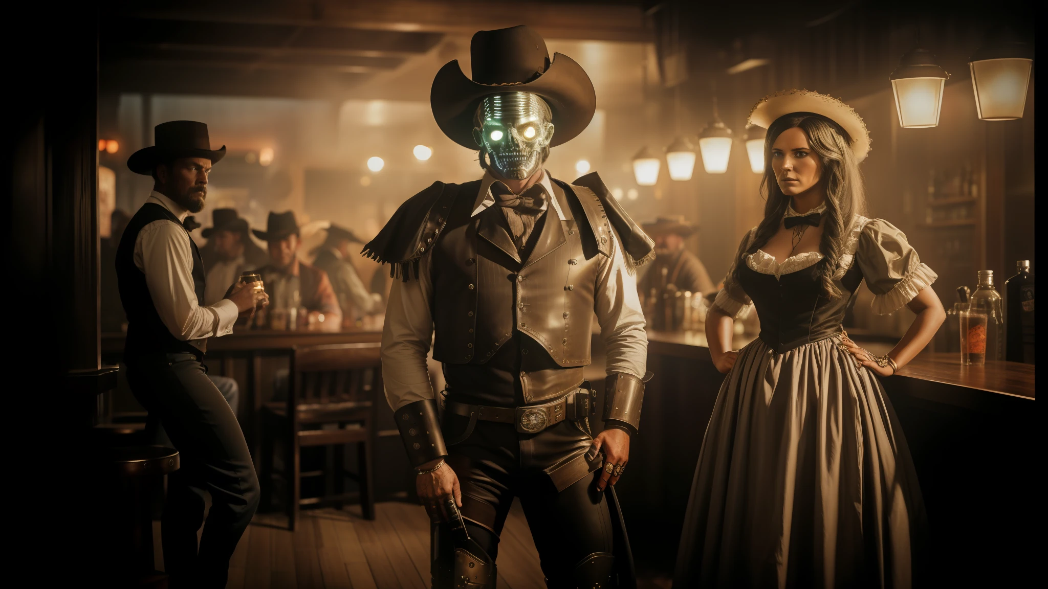 there are two people dressed up in costumes standing in a bar, cinematic still of westworld, benevolent android necromancer, behance contest winner, anthropomorphic _ humanoid, old west town, terror glow, nikon d 7 5 0, machine noir grimcore, by Laurie Lipton, duel between two cowboys, anatomically correct android, saguaro