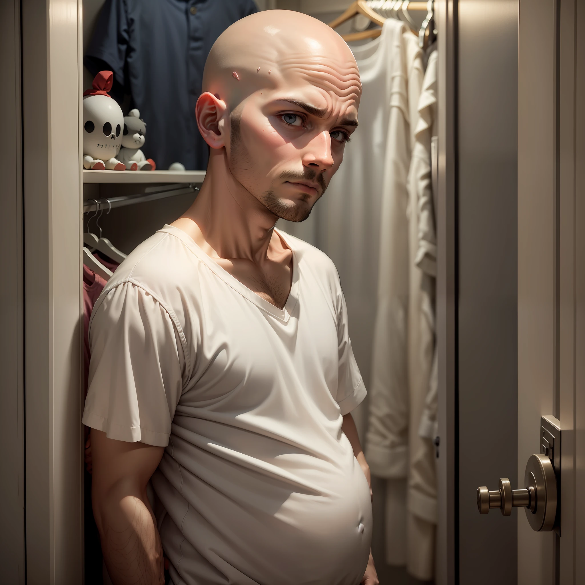 A man in a bald belly, dressed in white nightclothes, in a children's room at night, arms crossed, pensive, behind his back a closed closet, grim horror movie photograph