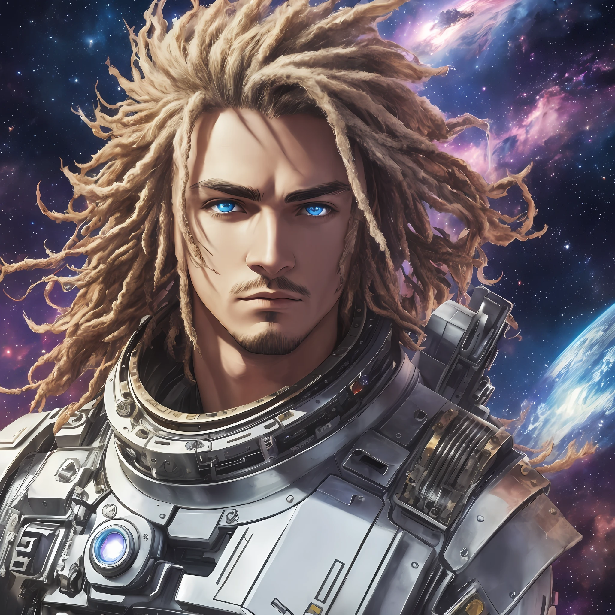 ((masterpiece 1.2)), (final fantasy), space suit, man with piercing gaze, dread hair, galaxy background, futuristic perspective, outer space, (4K), cinema, dramatic lighting, deep shadows, (intense HDR) --auto --s2